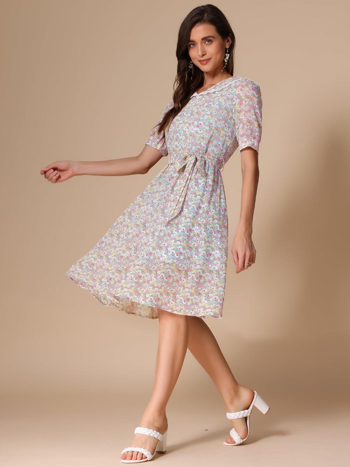 imageAllegra K Womens Vintage Peter Pan Collar High Waist Flowy Midi Puff Sleeve Floral DressRetro Light Blue