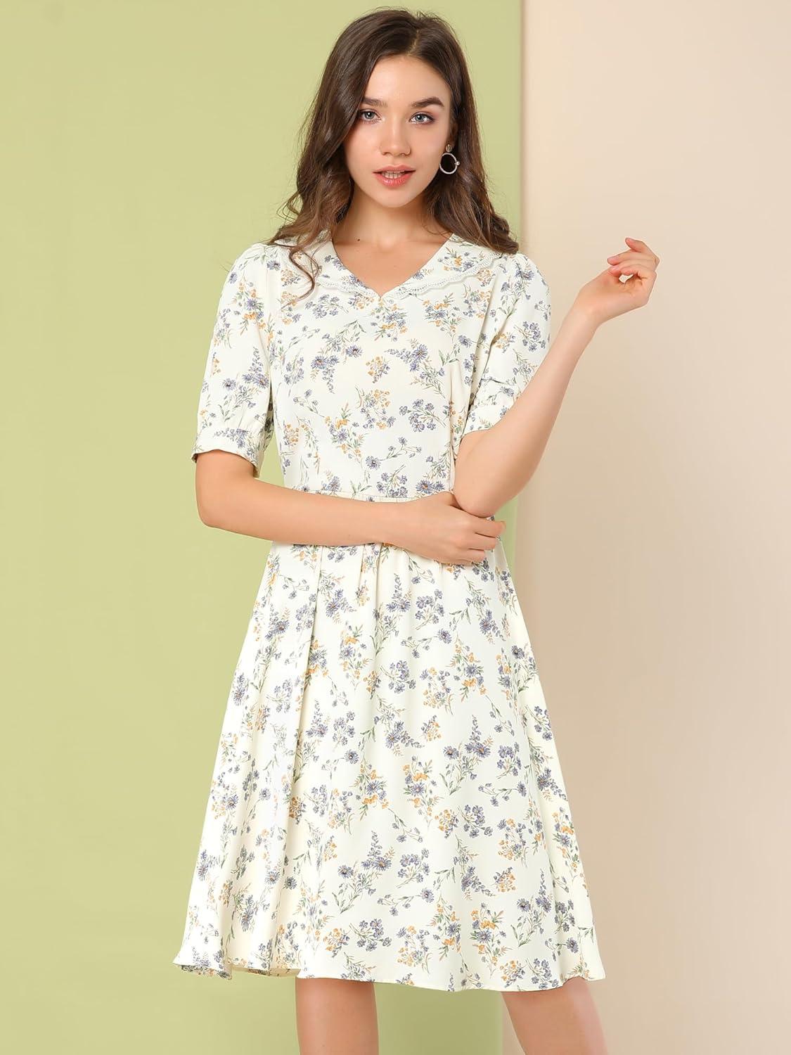 imageAllegra K Womens Vintage Peter Pan Collar High Waist Flowy Midi Puff Sleeve Floral DressWhite