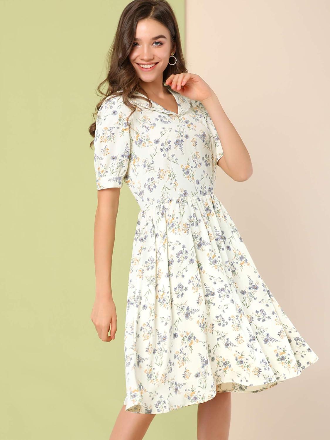 imageAllegra K Womens Vintage Peter Pan Collar High Waist Flowy Midi Puff Sleeve Floral DressWhite