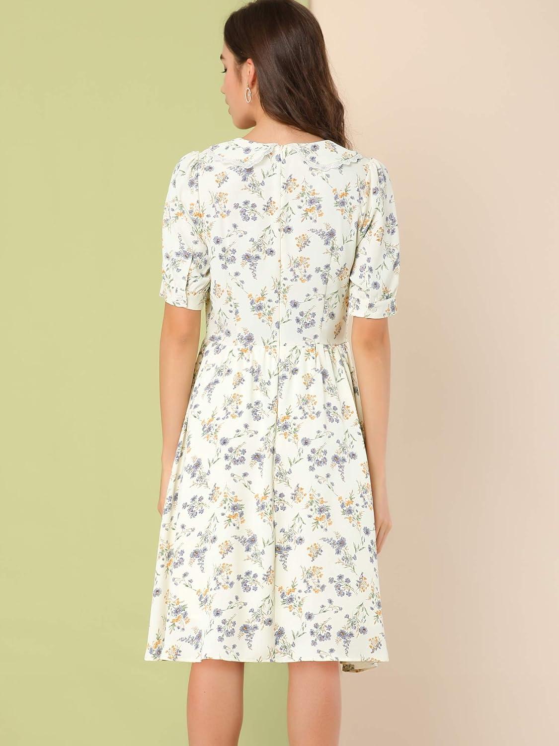 imageAllegra K Womens Vintage Peter Pan Collar High Waist Flowy Midi Puff Sleeve Floral DressWhite