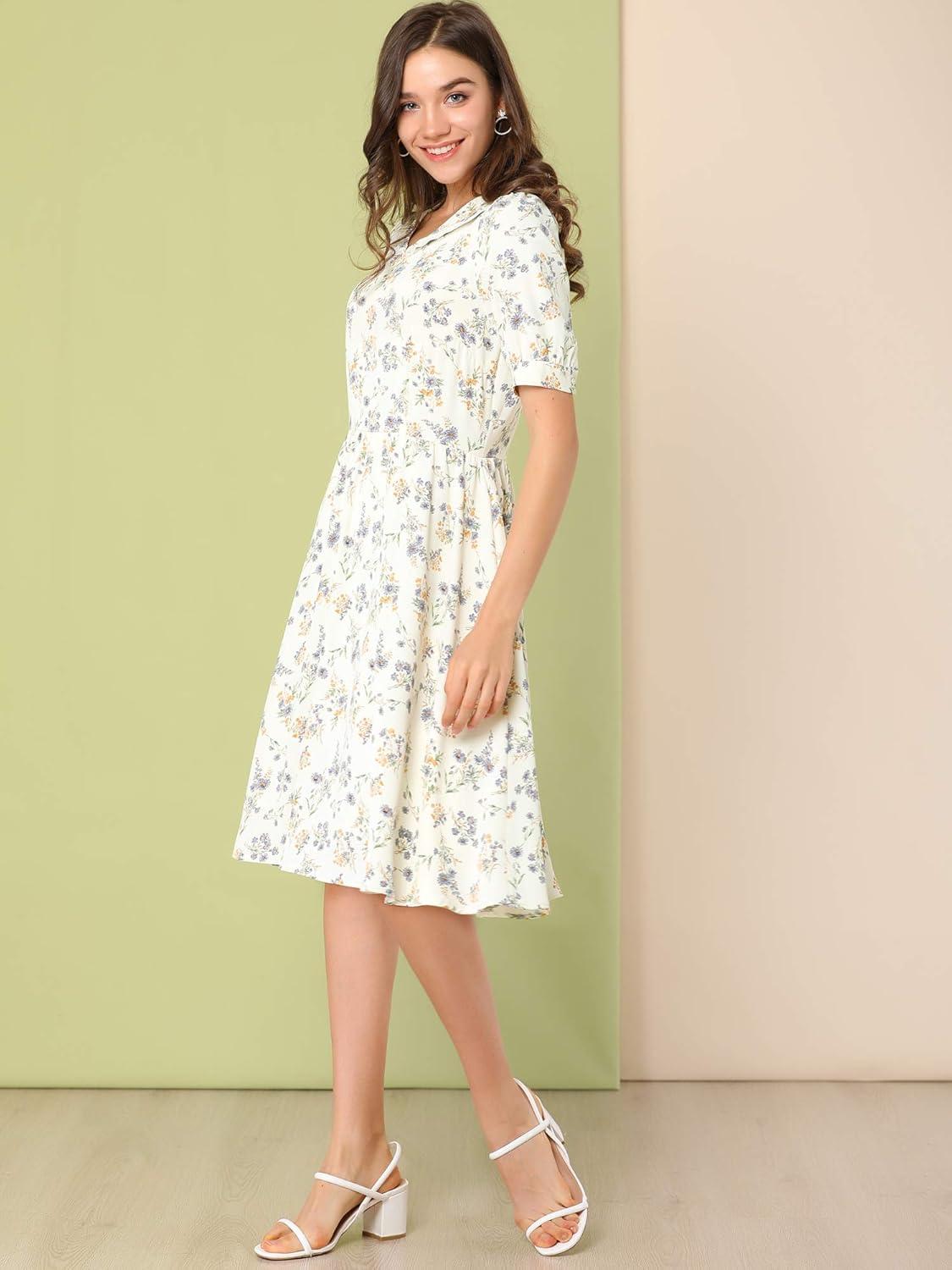 imageAllegra K Womens Vintage Peter Pan Collar High Waist Flowy Midi Puff Sleeve Floral DressWhite