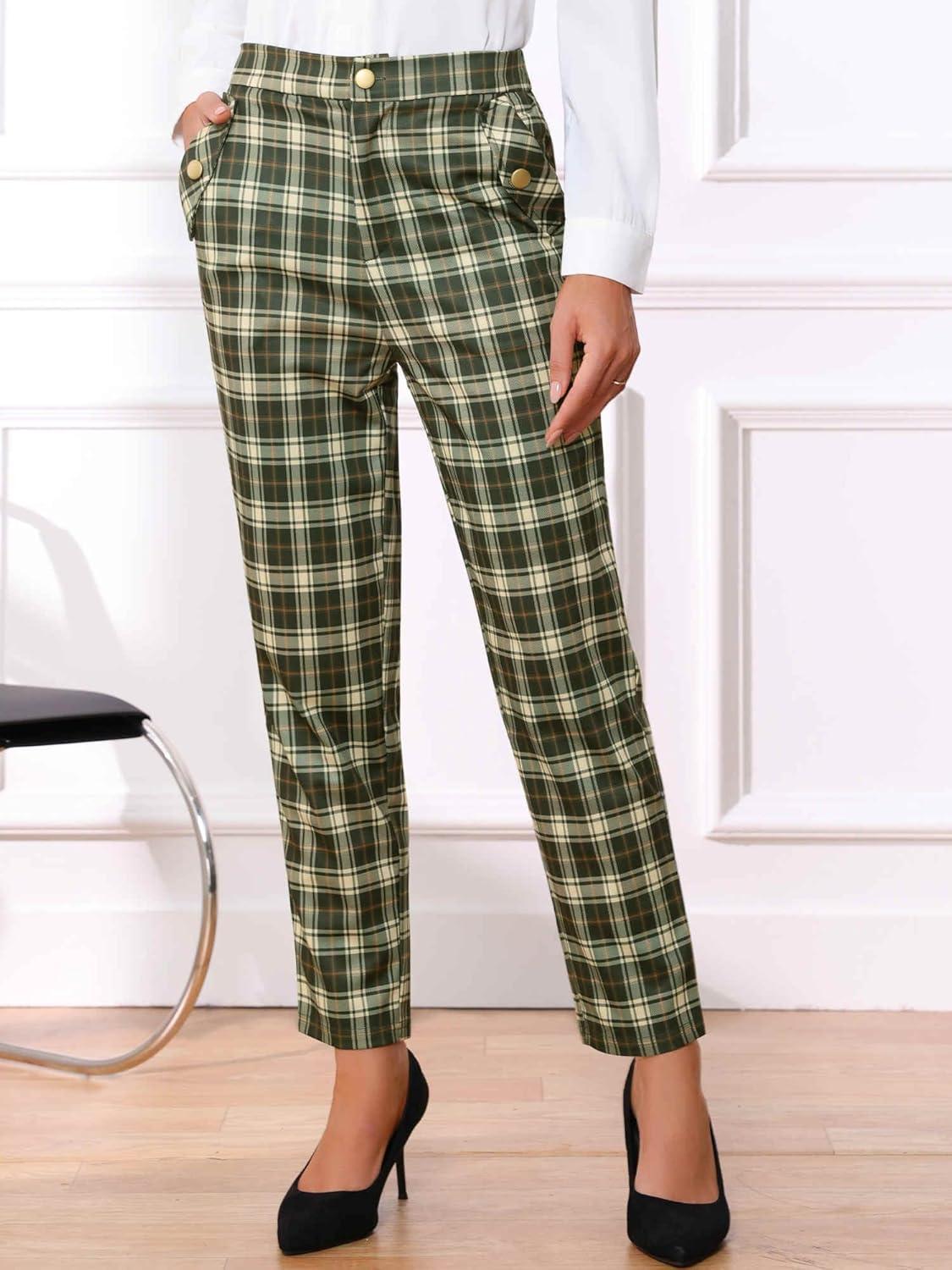 imageAllegra K Womens Vintage Tartan Plaid Pants Elastic Waist Straight Long TrousersArmy Green