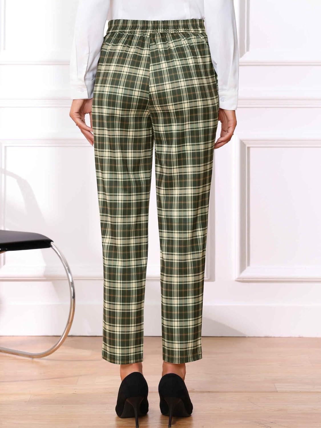 imageAllegra K Womens Vintage Tartan Plaid Pants Elastic Waist Straight Long TrousersArmy Green