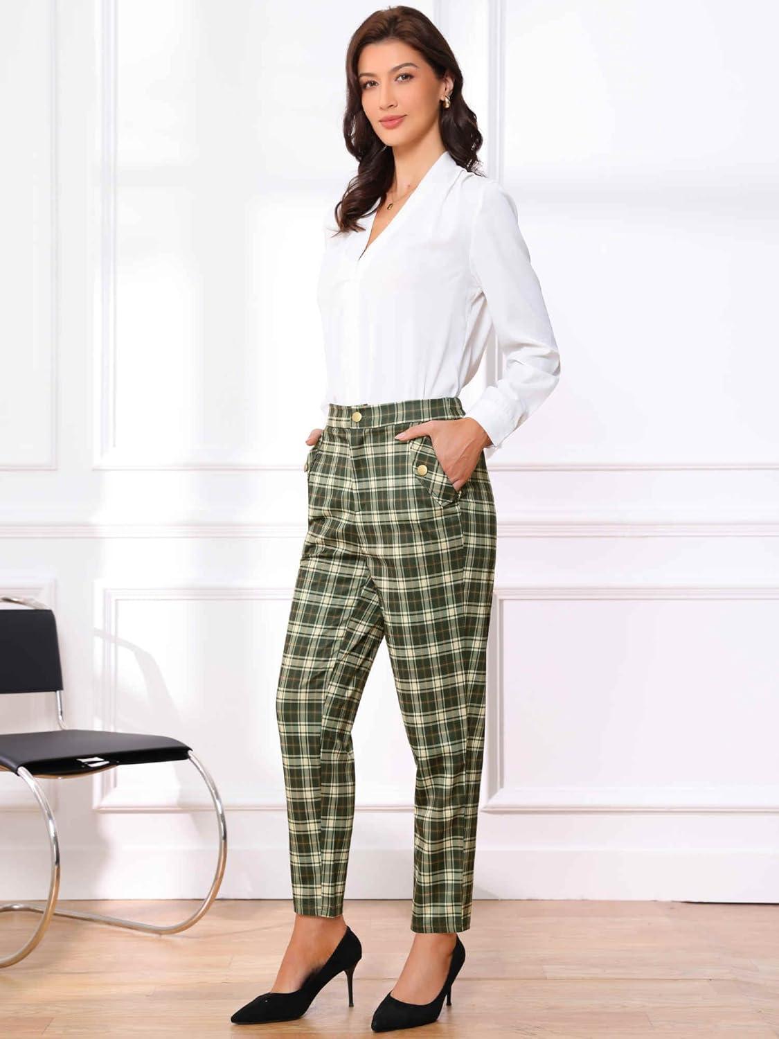 imageAllegra K Womens Vintage Tartan Plaid Pants Elastic Waist Straight Long TrousersArmy Green