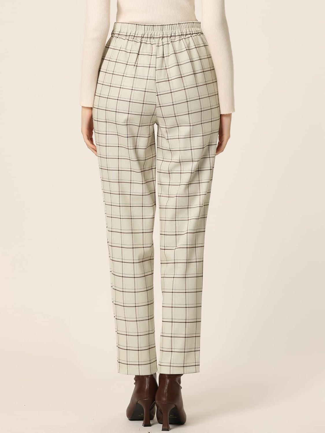 imageAllegra K Womens Vintage Tartan Plaid Pants Elastic Waist Straight Long TrousersBeige