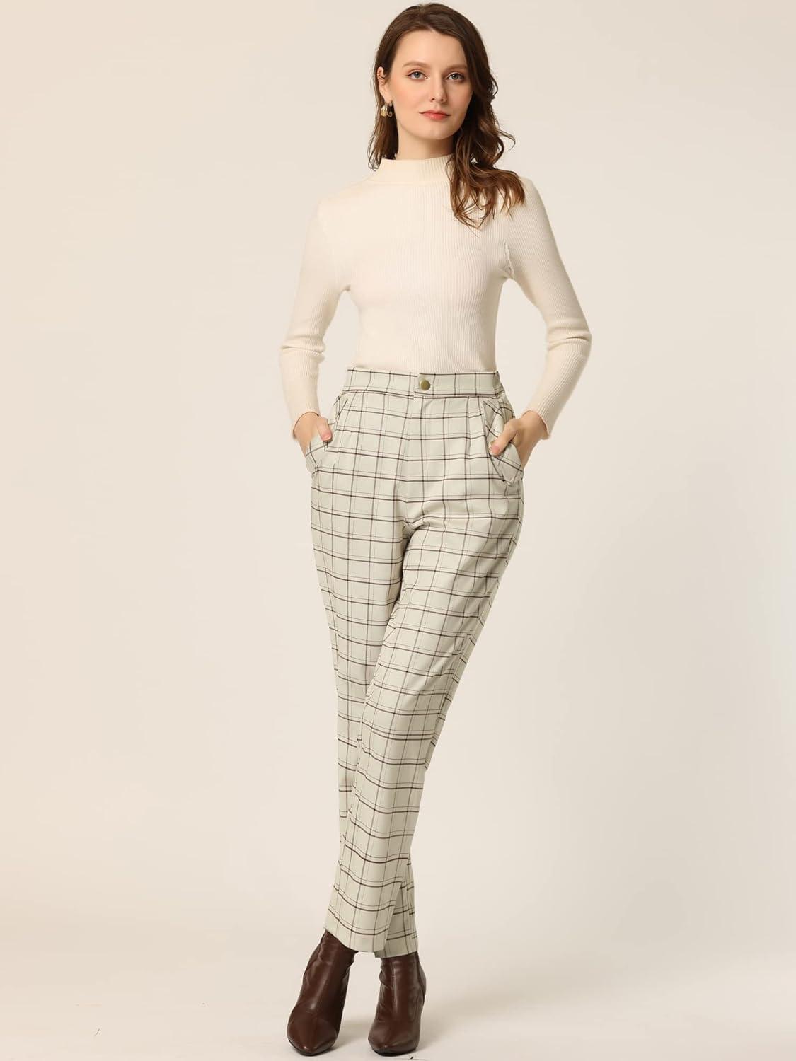 imageAllegra K Womens Vintage Tartan Plaid Pants Elastic Waist Straight Long TrousersBeige