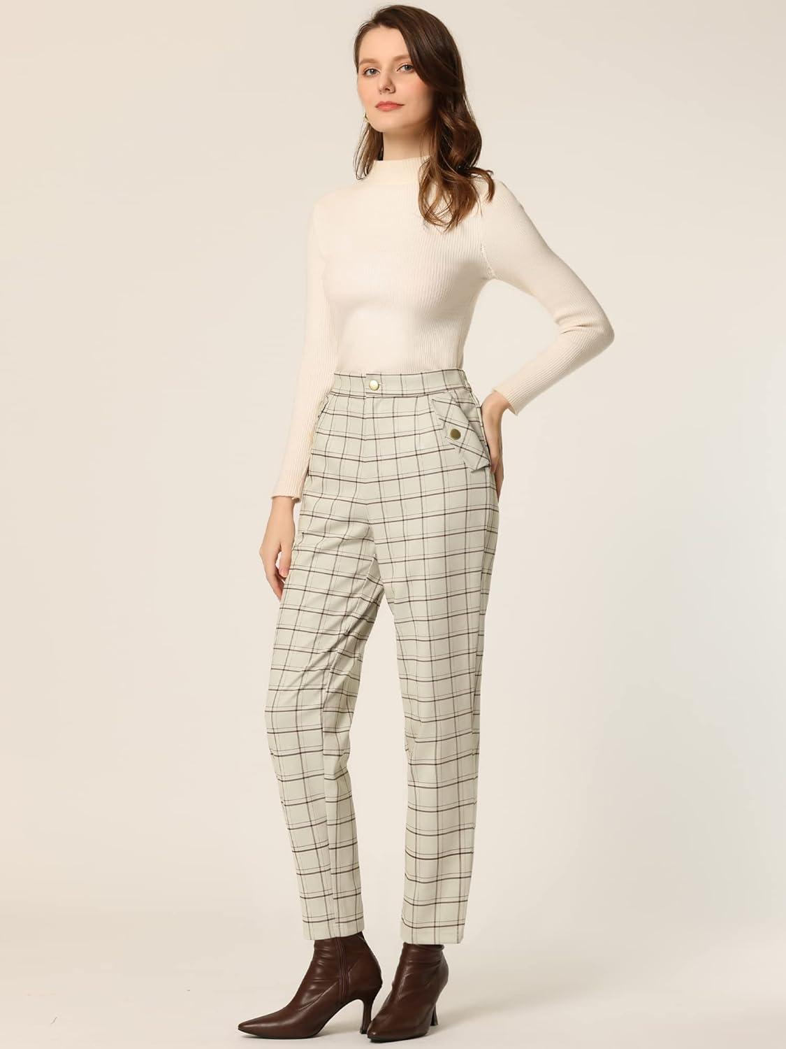 imageAllegra K Womens Vintage Tartan Plaid Pants Elastic Waist Straight Long TrousersBeige