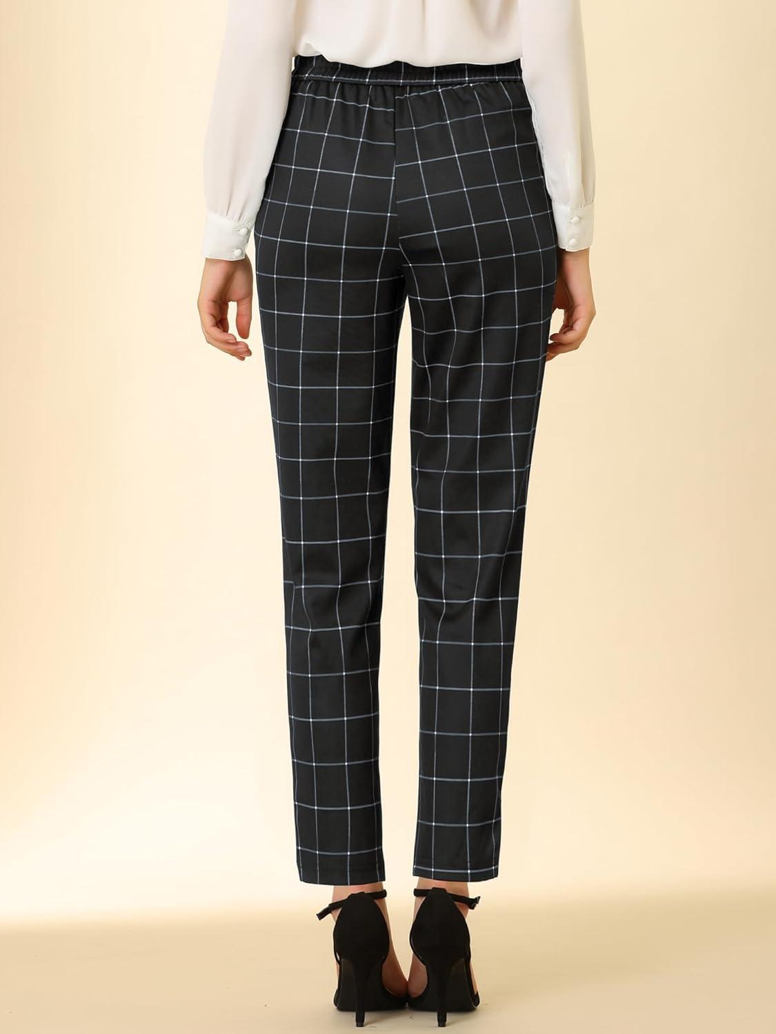 imageAllegra K Womens Vintage Tartan Plaid Pants Elastic Waist Straight Long TrousersBlack