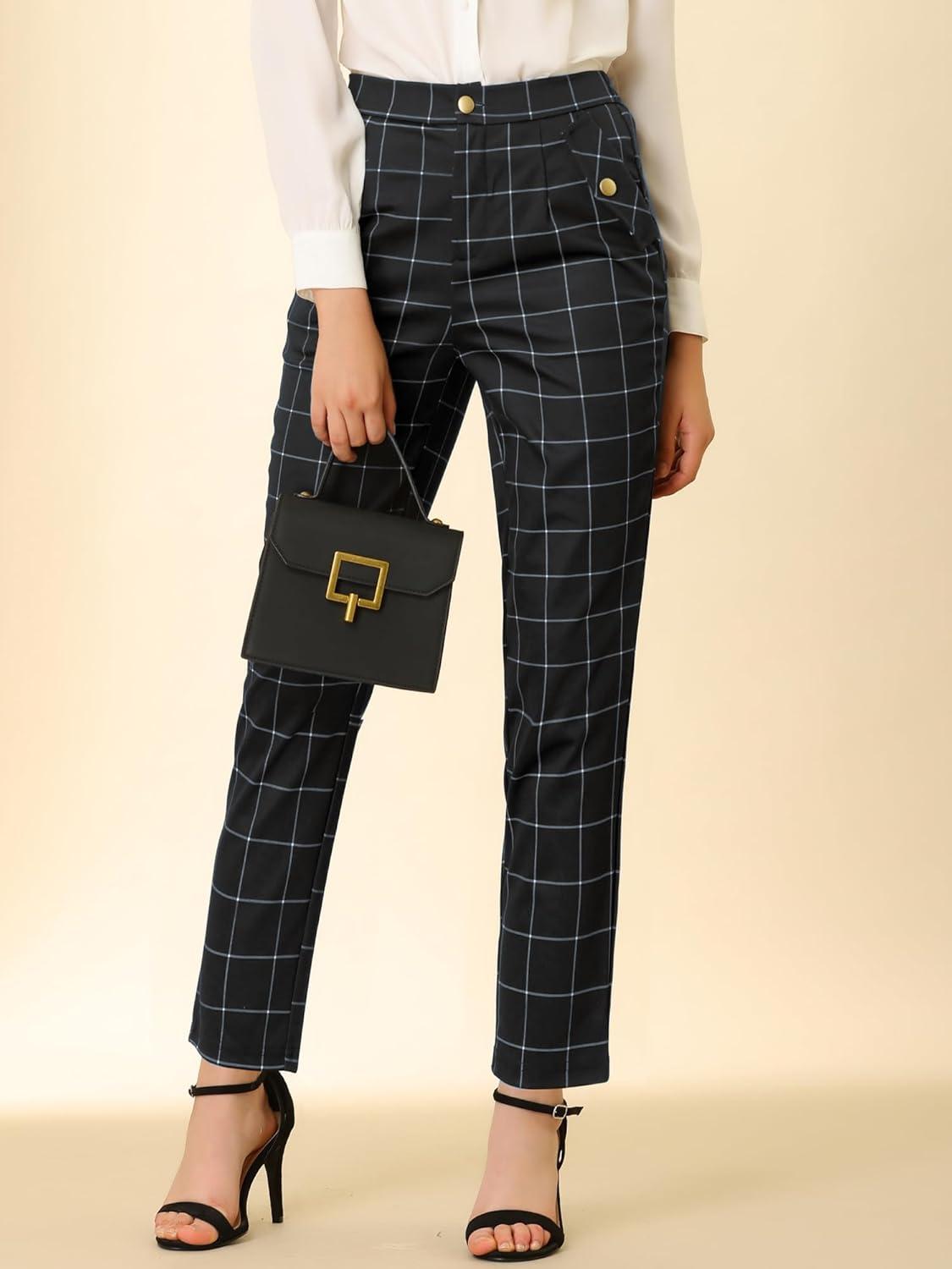 imageAllegra K Womens Vintage Tartan Plaid Pants Elastic Waist Straight Long TrousersBlack
