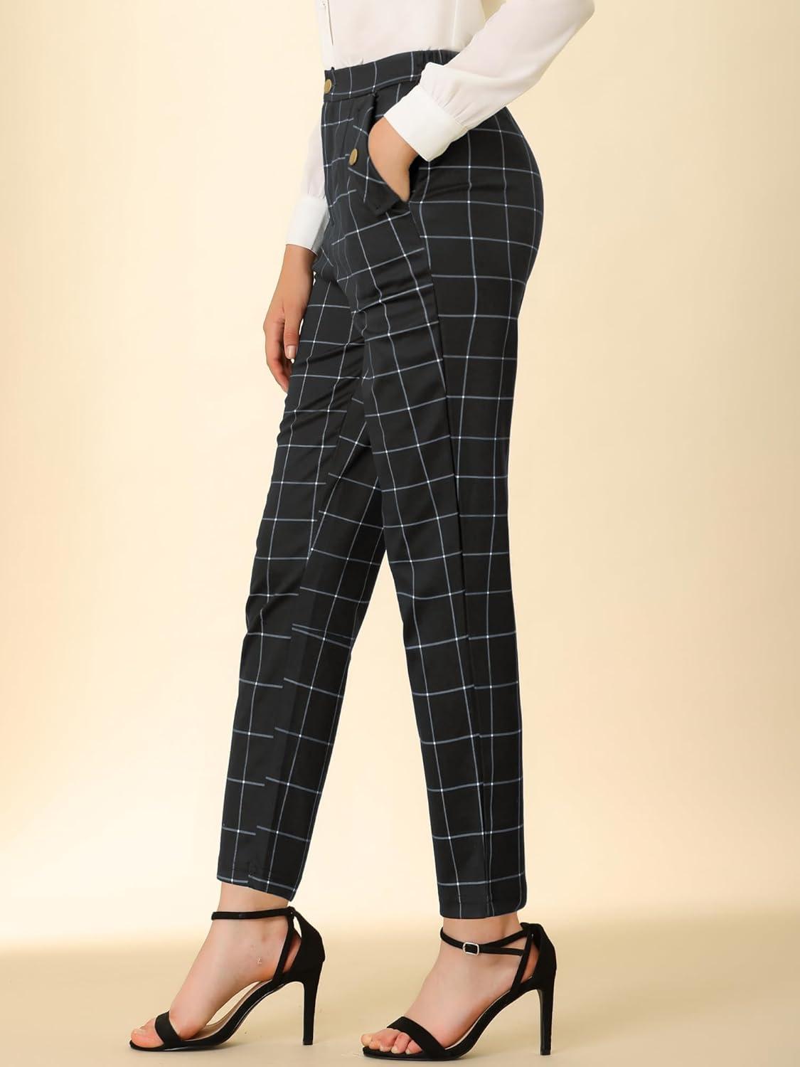 imageAllegra K Womens Vintage Tartan Plaid Pants Elastic Waist Straight Long TrousersBlack