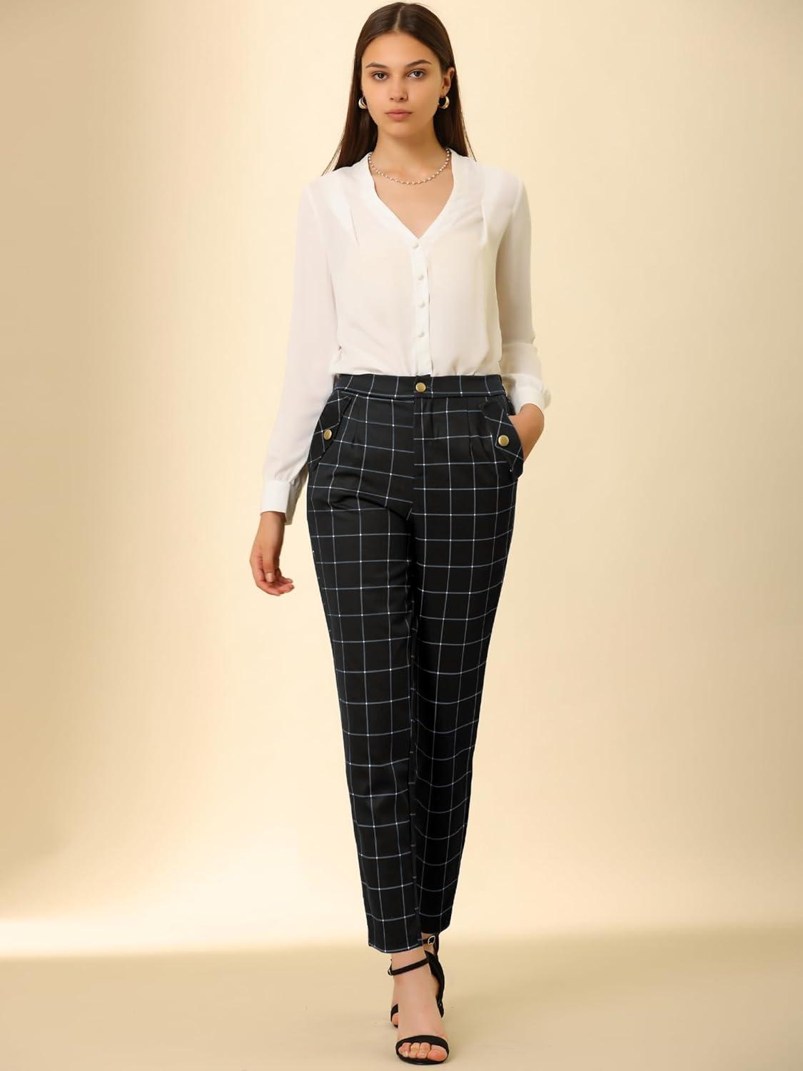 imageAllegra K Womens Vintage Tartan Plaid Pants Elastic Waist Straight Long TrousersBlack