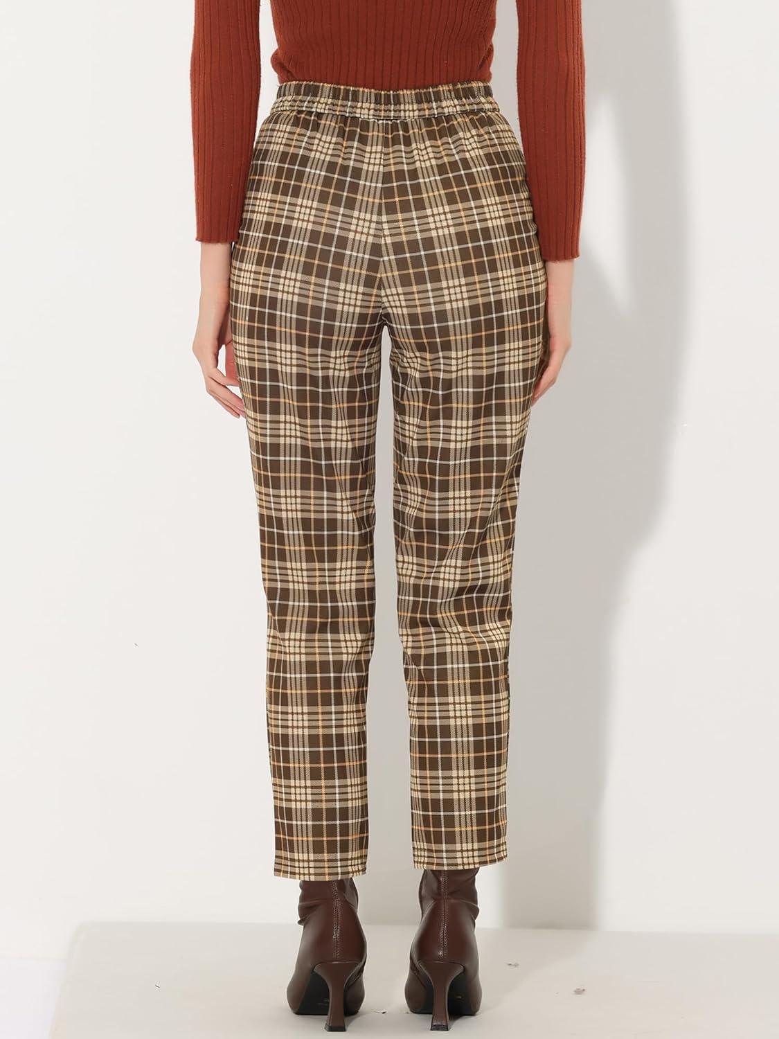imageAllegra K Womens Vintage Tartan Plaid Pants Elastic Waist Straight Long TrousersBrown Beige