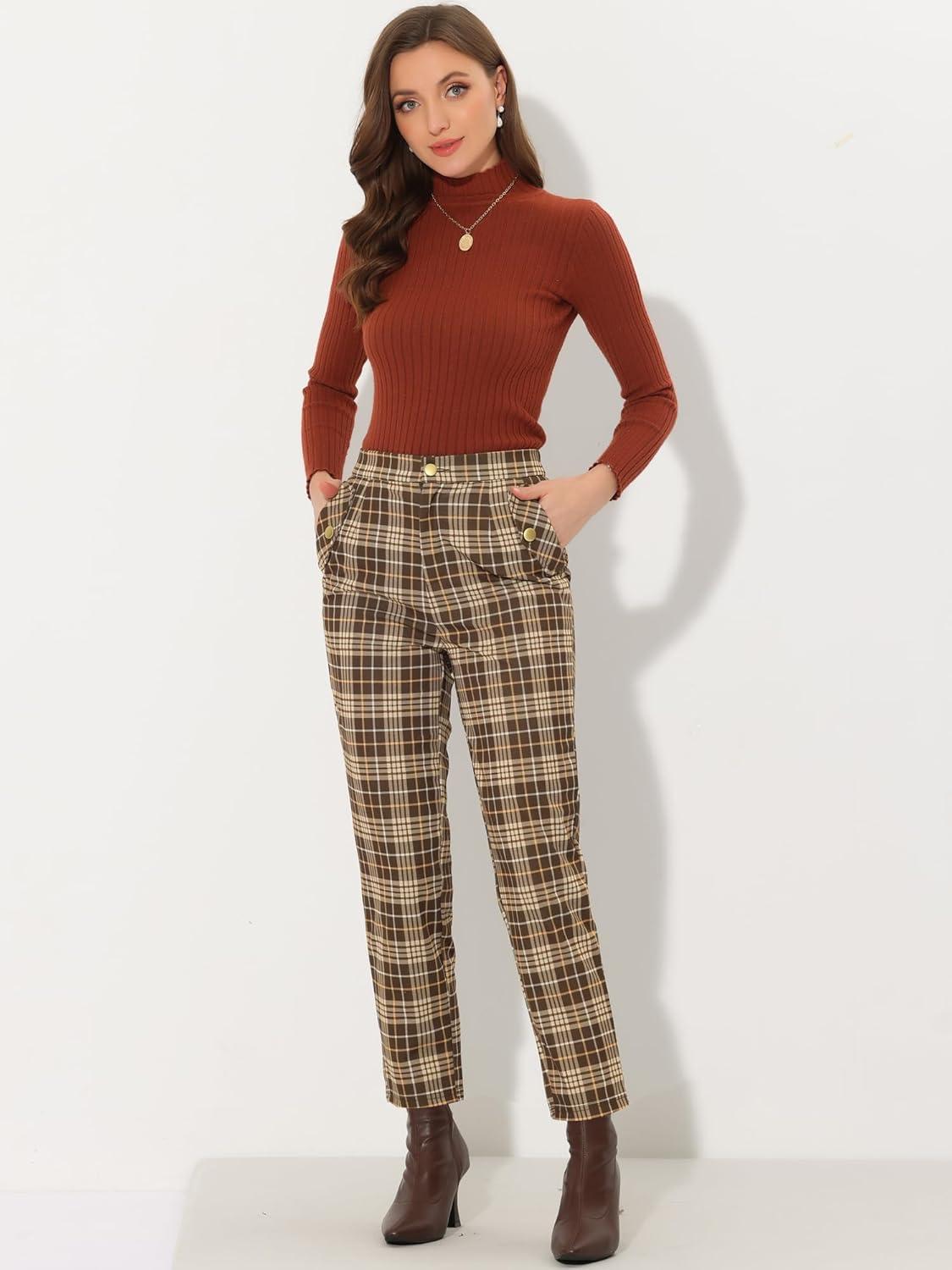 imageAllegra K Womens Vintage Tartan Plaid Pants Elastic Waist Straight Long TrousersBrown Beige