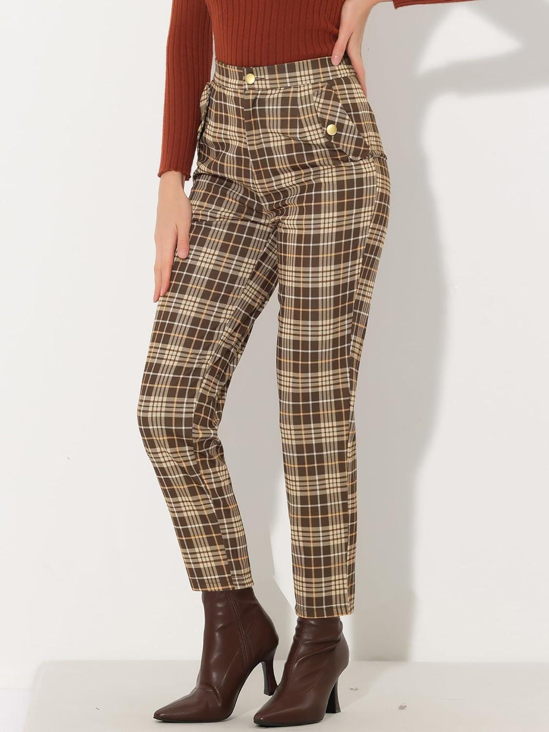 imageAllegra K Womens Vintage Tartan Plaid Pants Elastic Waist Straight Long TrousersBrown Beige