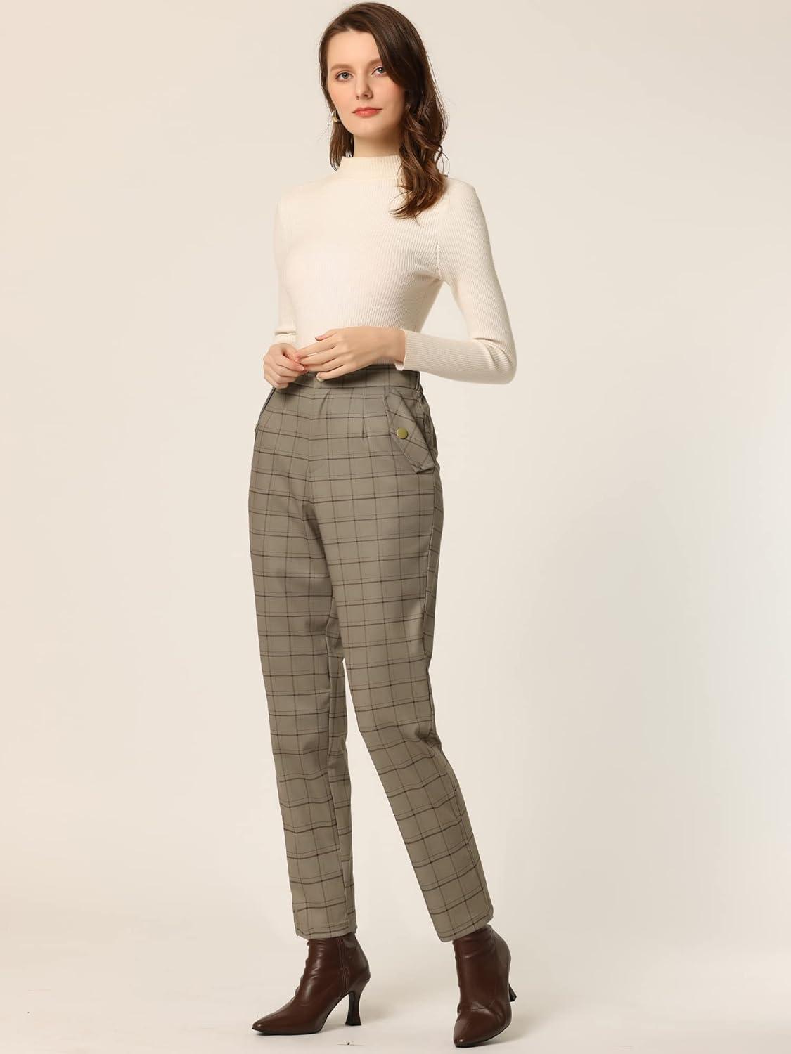 imageAllegra K Womens Vintage Tartan Plaid Pants Elastic Waist Straight Long TrousersCamel