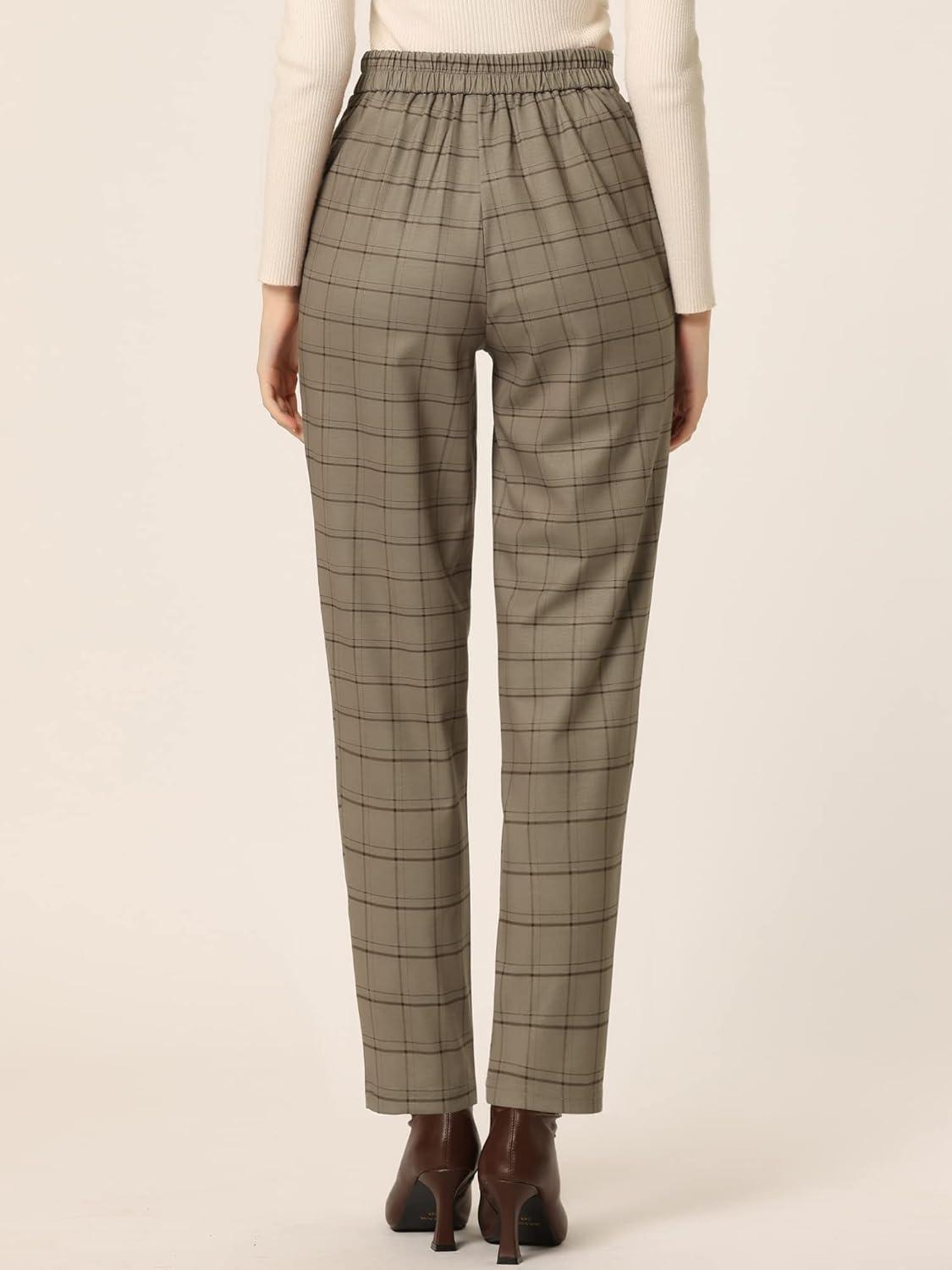 imageAllegra K Womens Vintage Tartan Plaid Pants Elastic Waist Straight Long TrousersCamel
