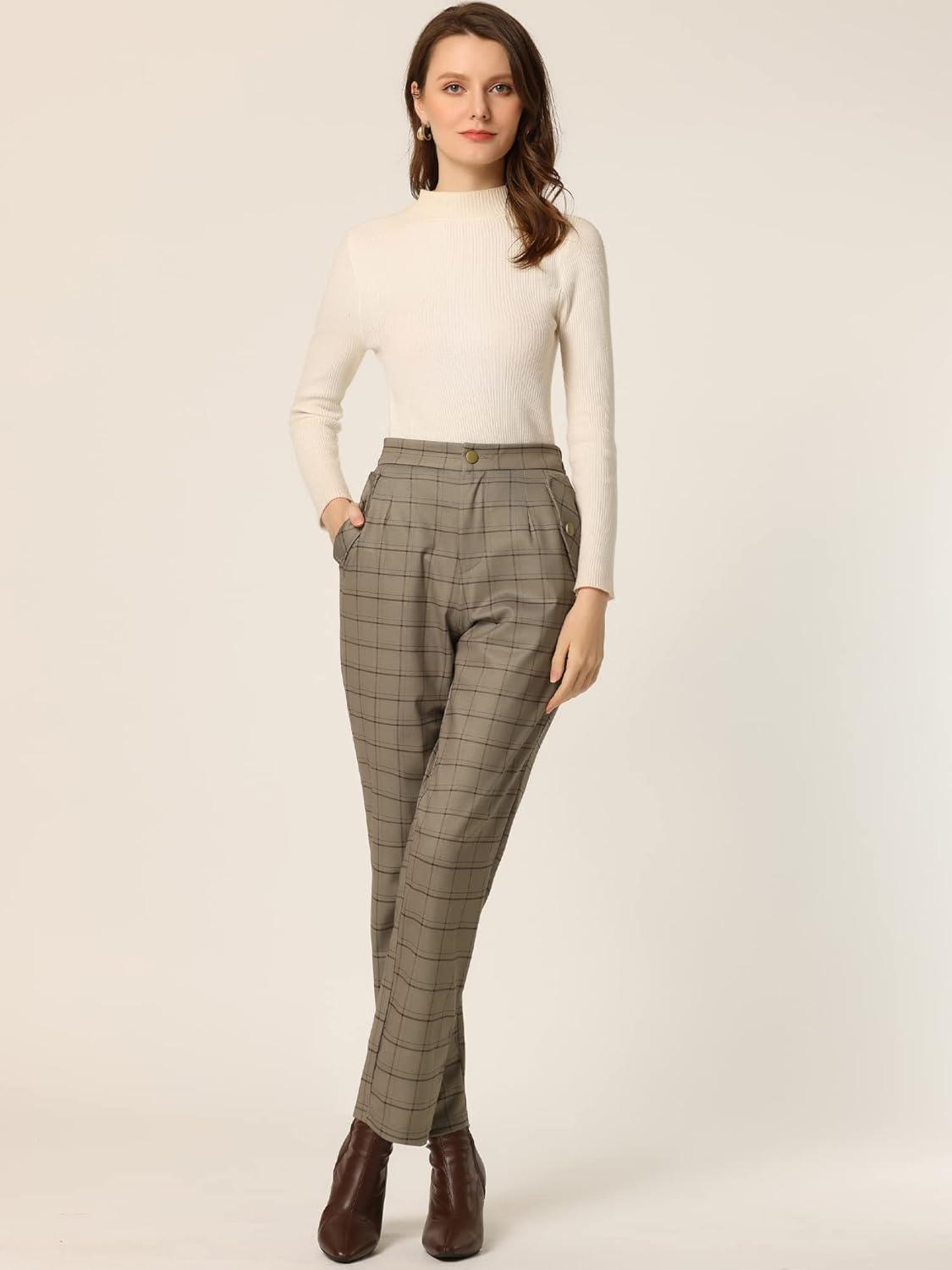 imageAllegra K Womens Vintage Tartan Plaid Pants Elastic Waist Straight Long TrousersCamel