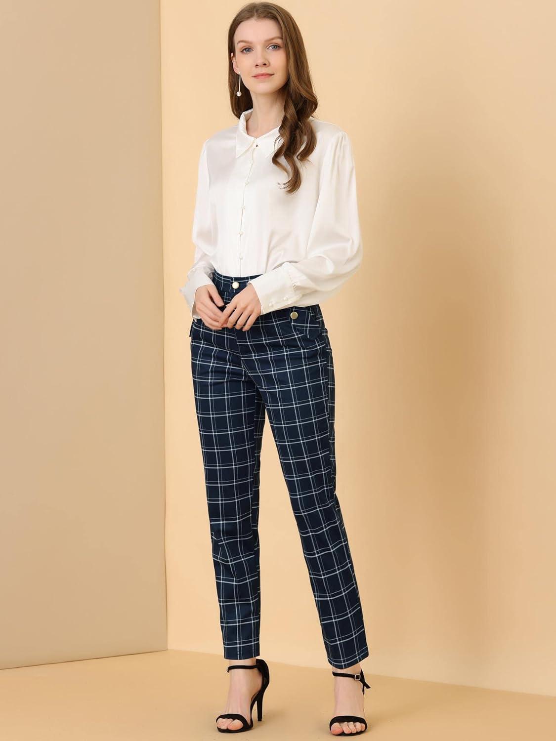 imageAllegra K Womens Vintage Tartan Plaid Pants Elastic Waist Straight Long TrousersDark Blue