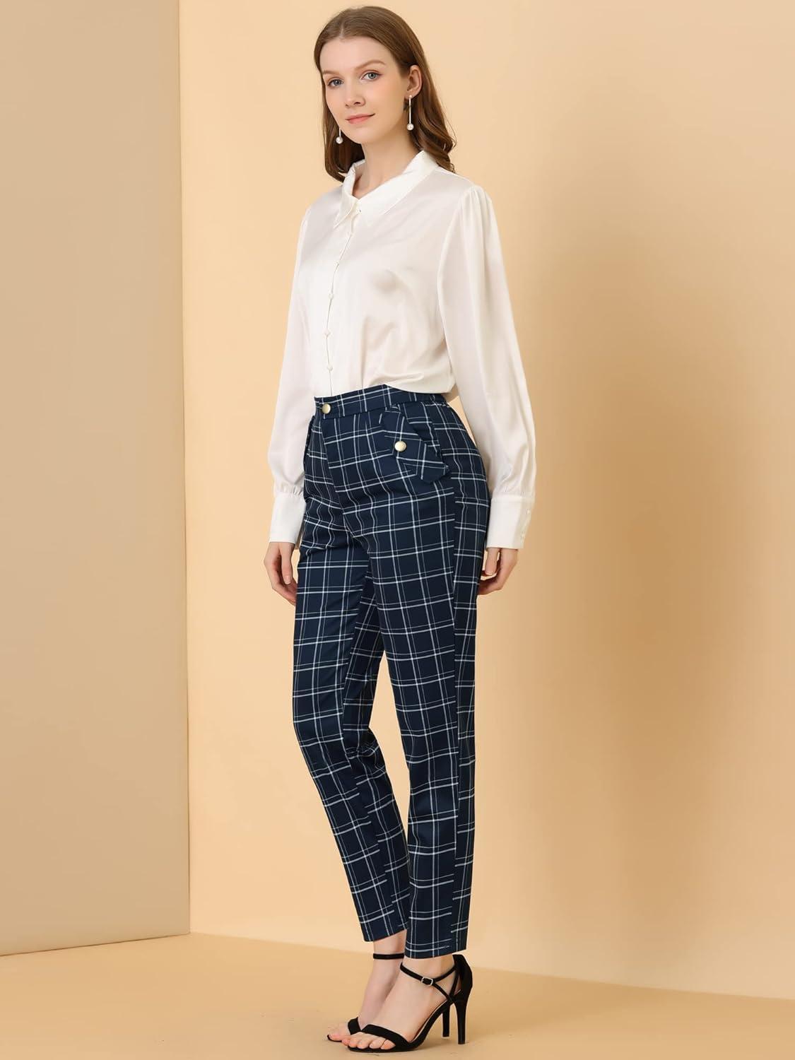 imageAllegra K Womens Vintage Tartan Plaid Pants Elastic Waist Straight Long TrousersDark Blue