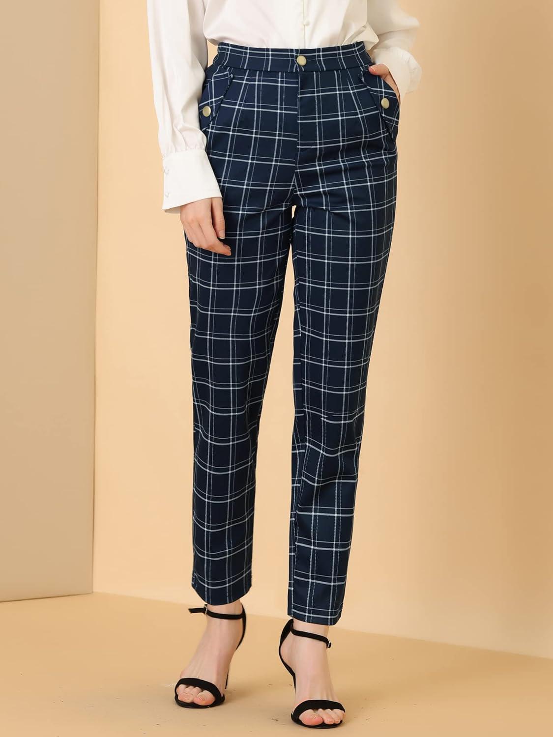 imageAllegra K Womens Vintage Tartan Plaid Pants Elastic Waist Straight Long TrousersDark Blue
