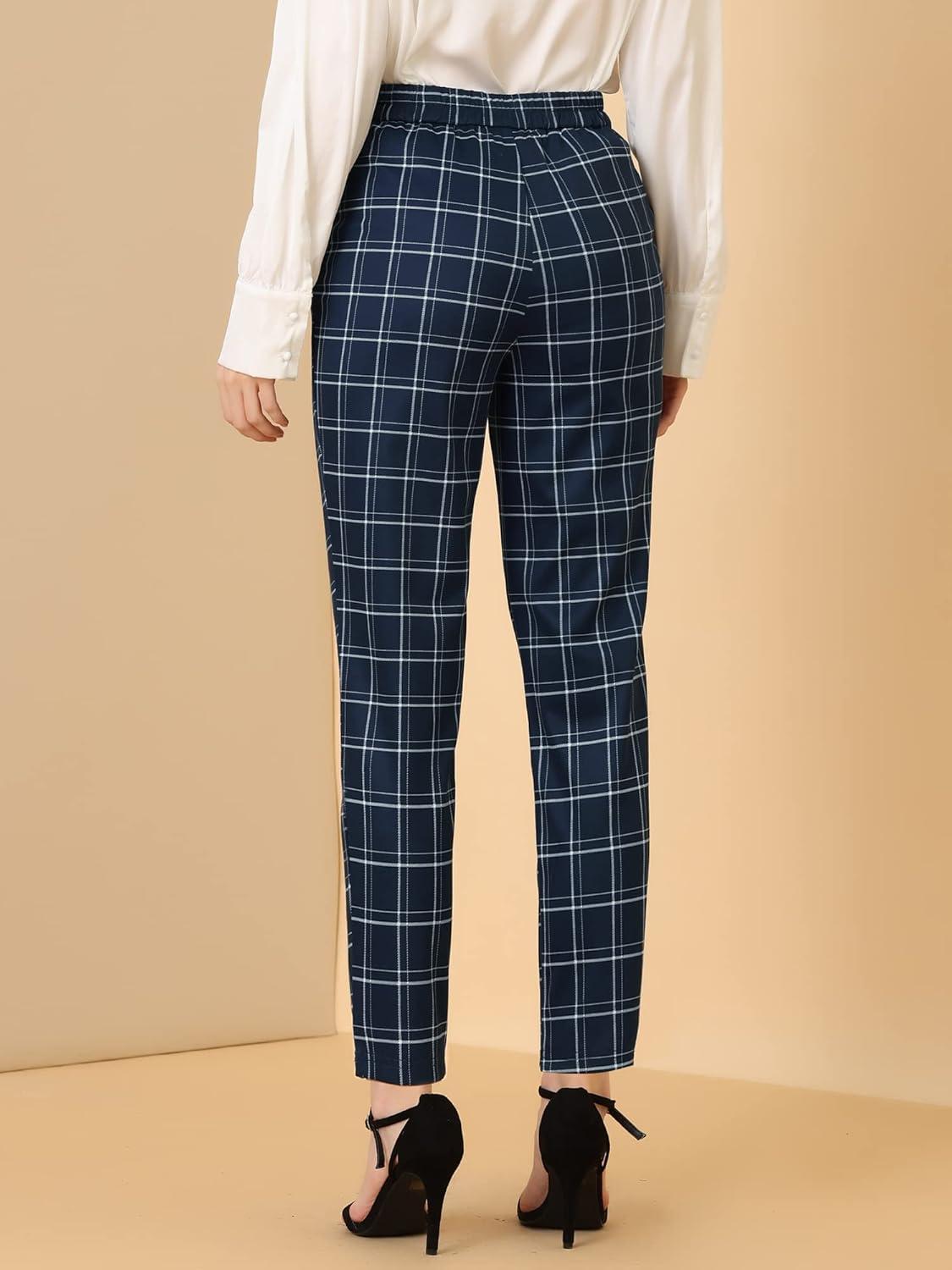imageAllegra K Womens Vintage Tartan Plaid Pants Elastic Waist Straight Long TrousersDark Blue