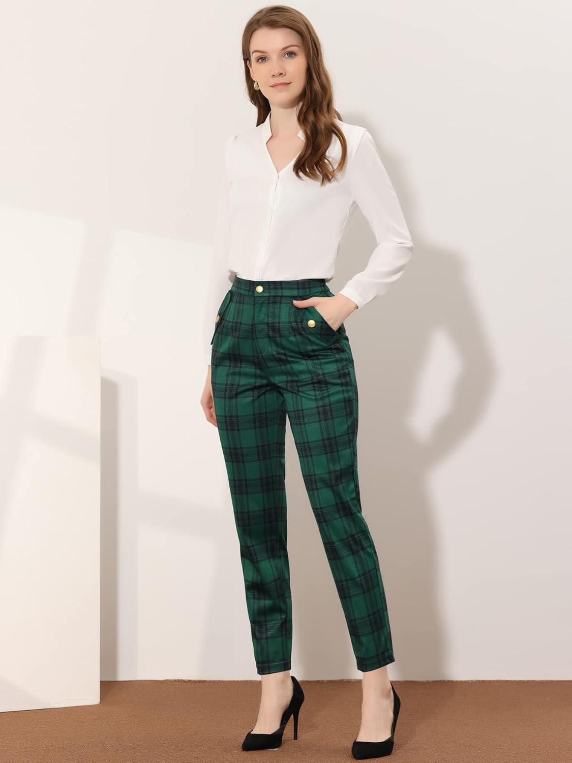 imageAllegra K Womens Vintage Tartan Plaid Pants Elastic Waist Straight Long TrousersGreen