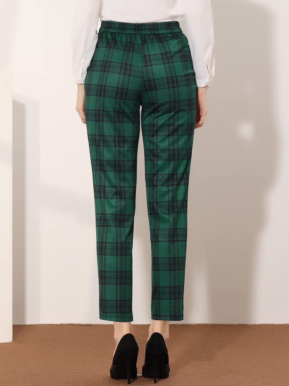 imageAllegra K Womens Vintage Tartan Plaid Pants Elastic Waist Straight Long TrousersGreen