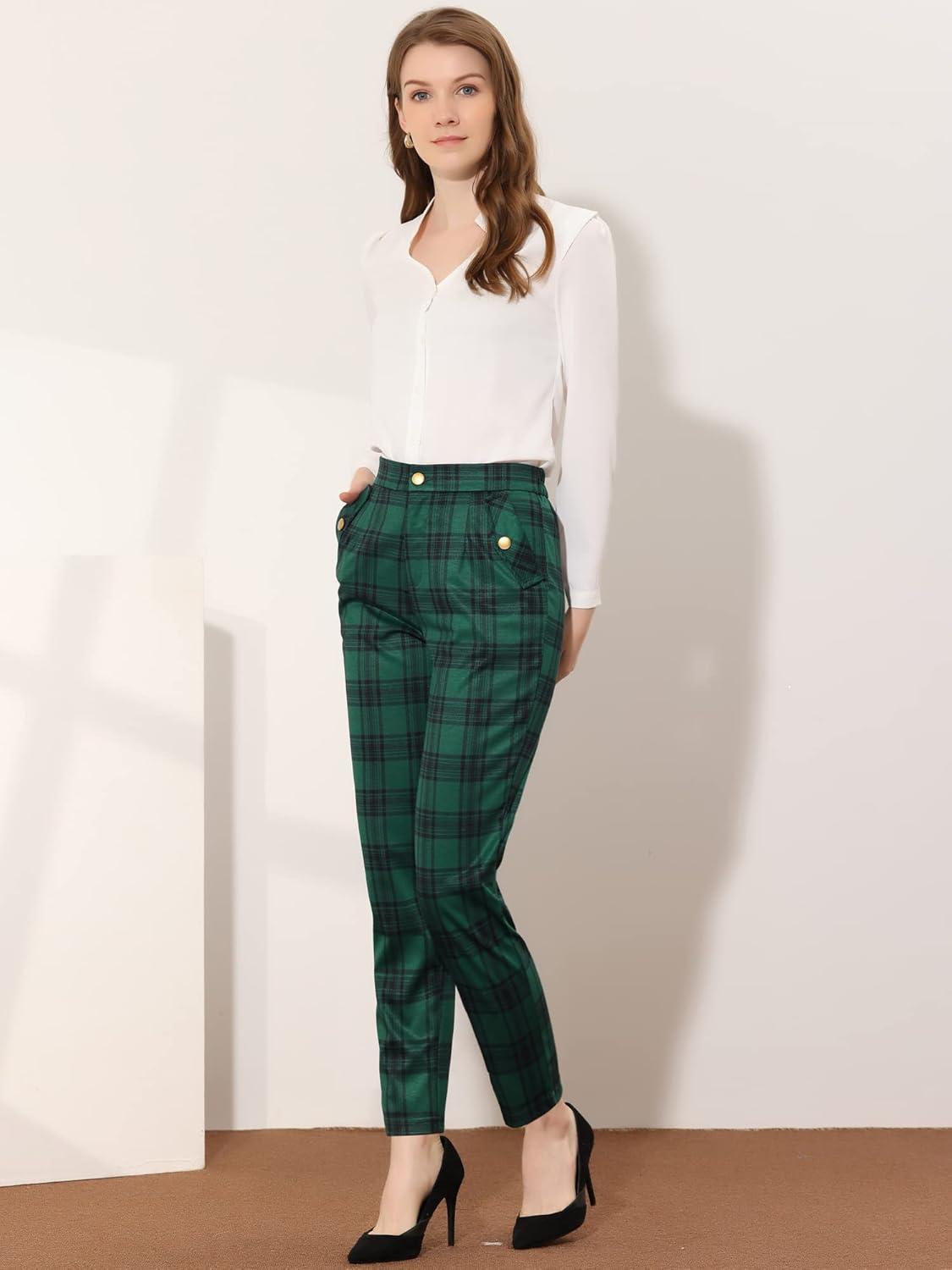 imageAllegra K Womens Vintage Tartan Plaid Pants Elastic Waist Straight Long TrousersGreen