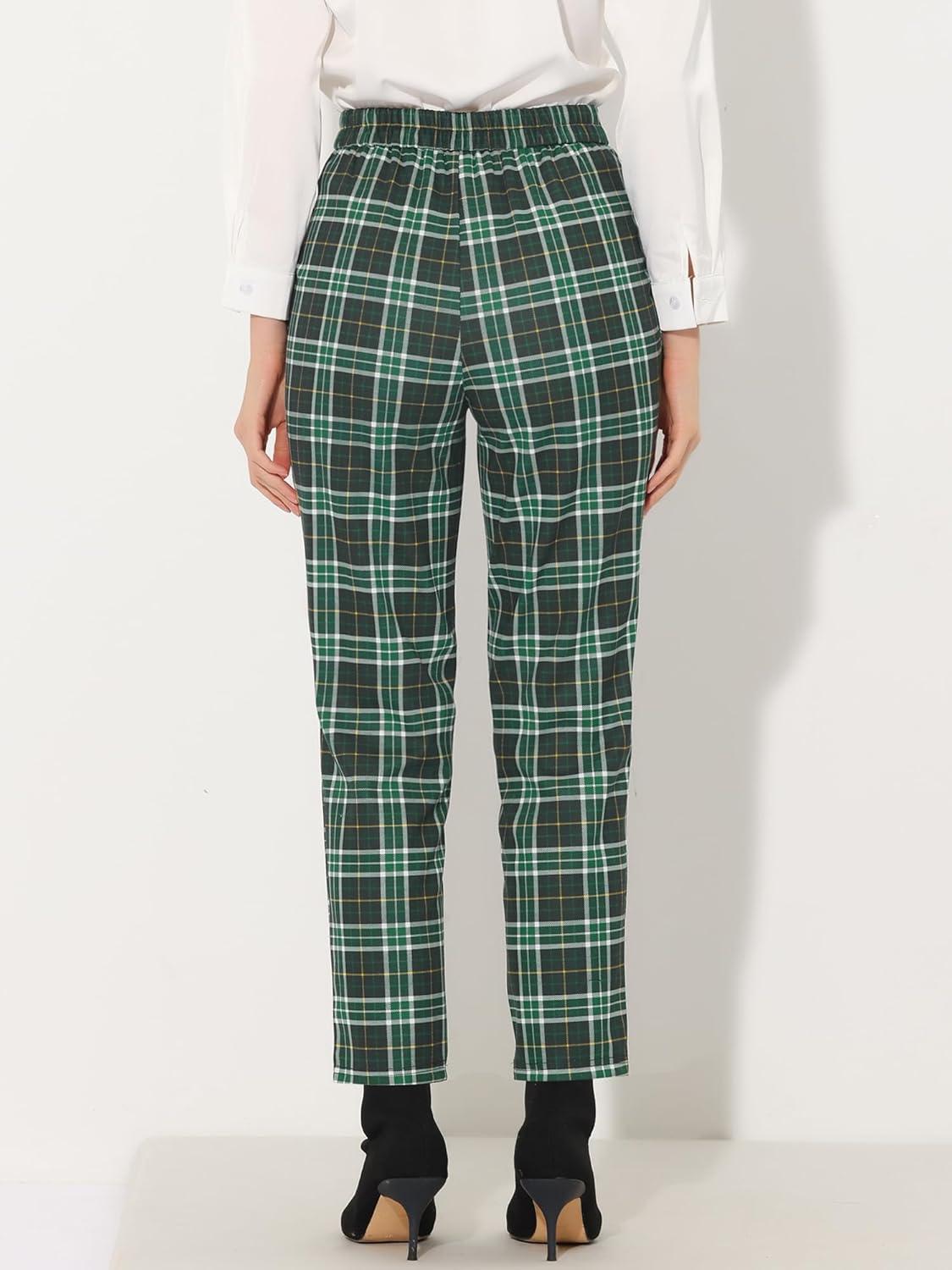 imageAllegra K Womens Vintage Tartan Plaid Pants Elastic Waist Straight Long TrousersGreen White
