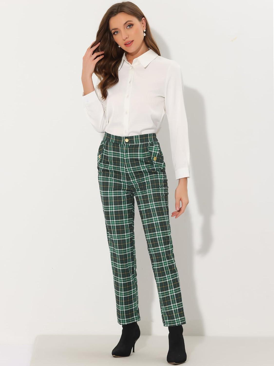 imageAllegra K Womens Vintage Tartan Plaid Pants Elastic Waist Straight Long TrousersGreen White