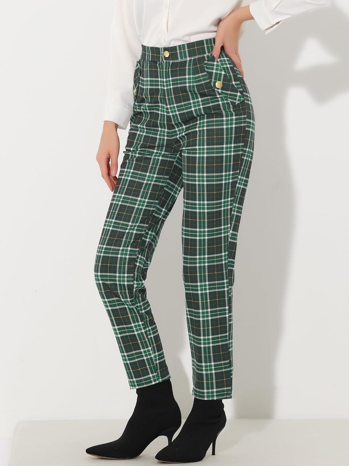 imageAllegra K Womens Vintage Tartan Plaid Pants Elastic Waist Straight Long TrousersGreen White