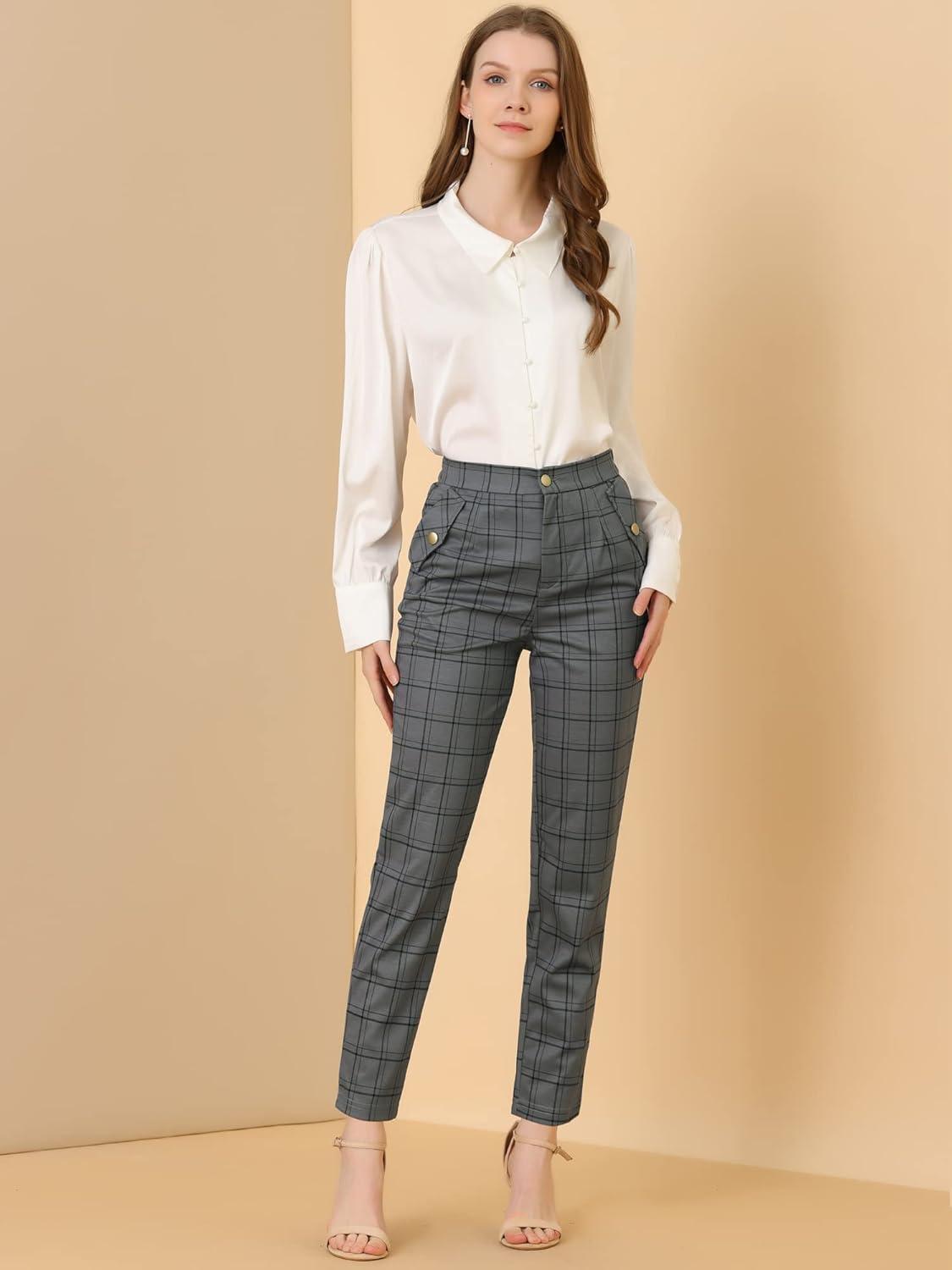 imageAllegra K Womens Vintage Tartan Plaid Pants Elastic Waist Straight Long TrousersGrey