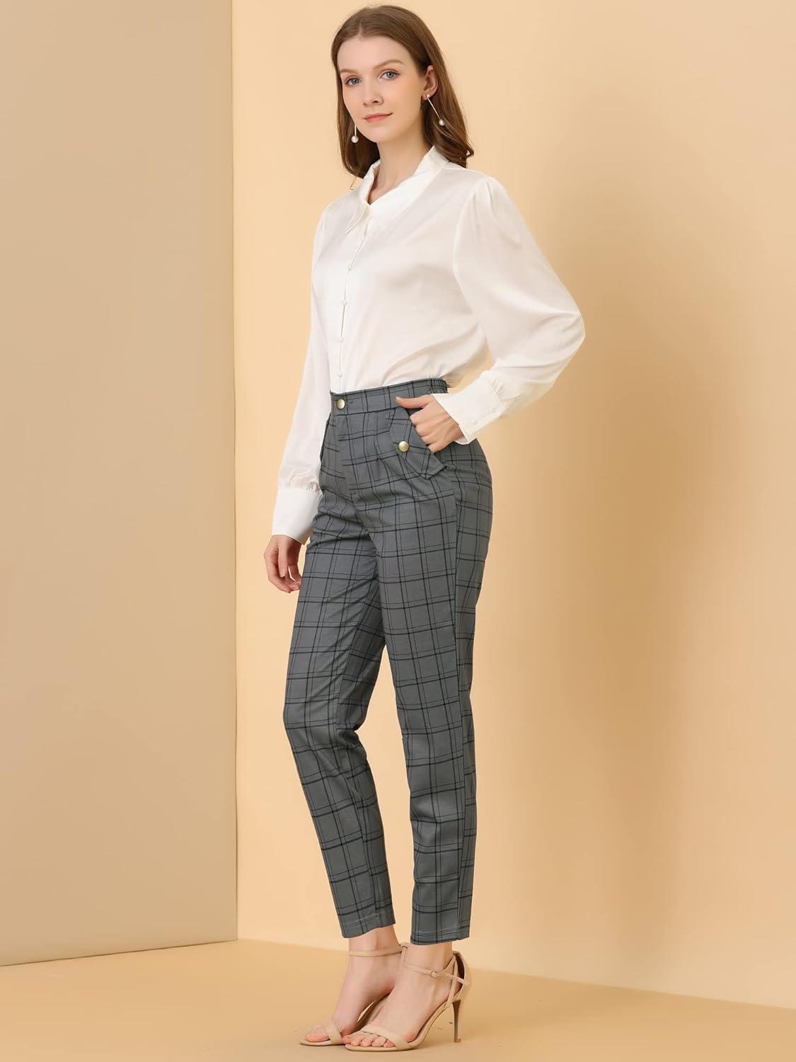 imageAllegra K Womens Vintage Tartan Plaid Pants Elastic Waist Straight Long TrousersGrey