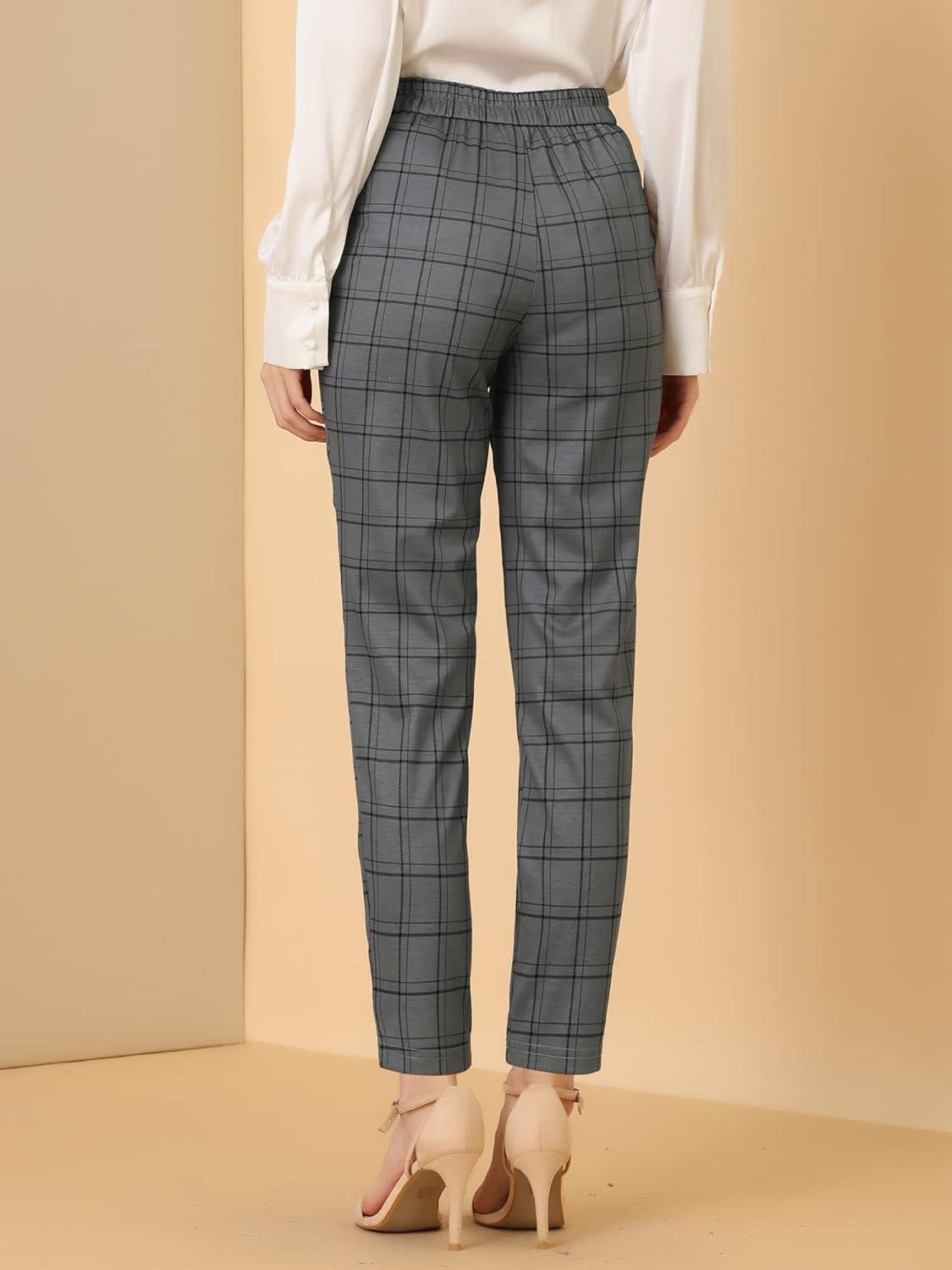 imageAllegra K Womens Vintage Tartan Plaid Pants Elastic Waist Straight Long TrousersGrey