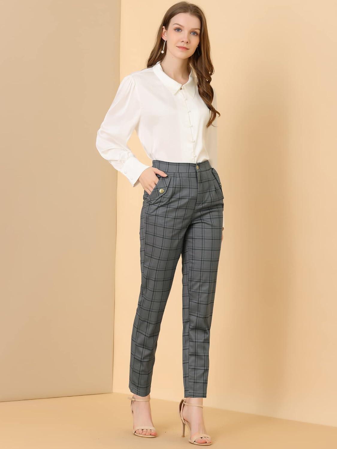 imageAllegra K Womens Vintage Tartan Plaid Pants Elastic Waist Straight Long TrousersGrey