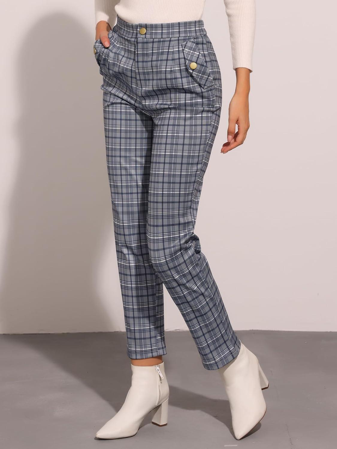 imageAllegra K Womens Vintage Tartan Plaid Pants Elastic Waist Straight Long TrousersGrey Blue