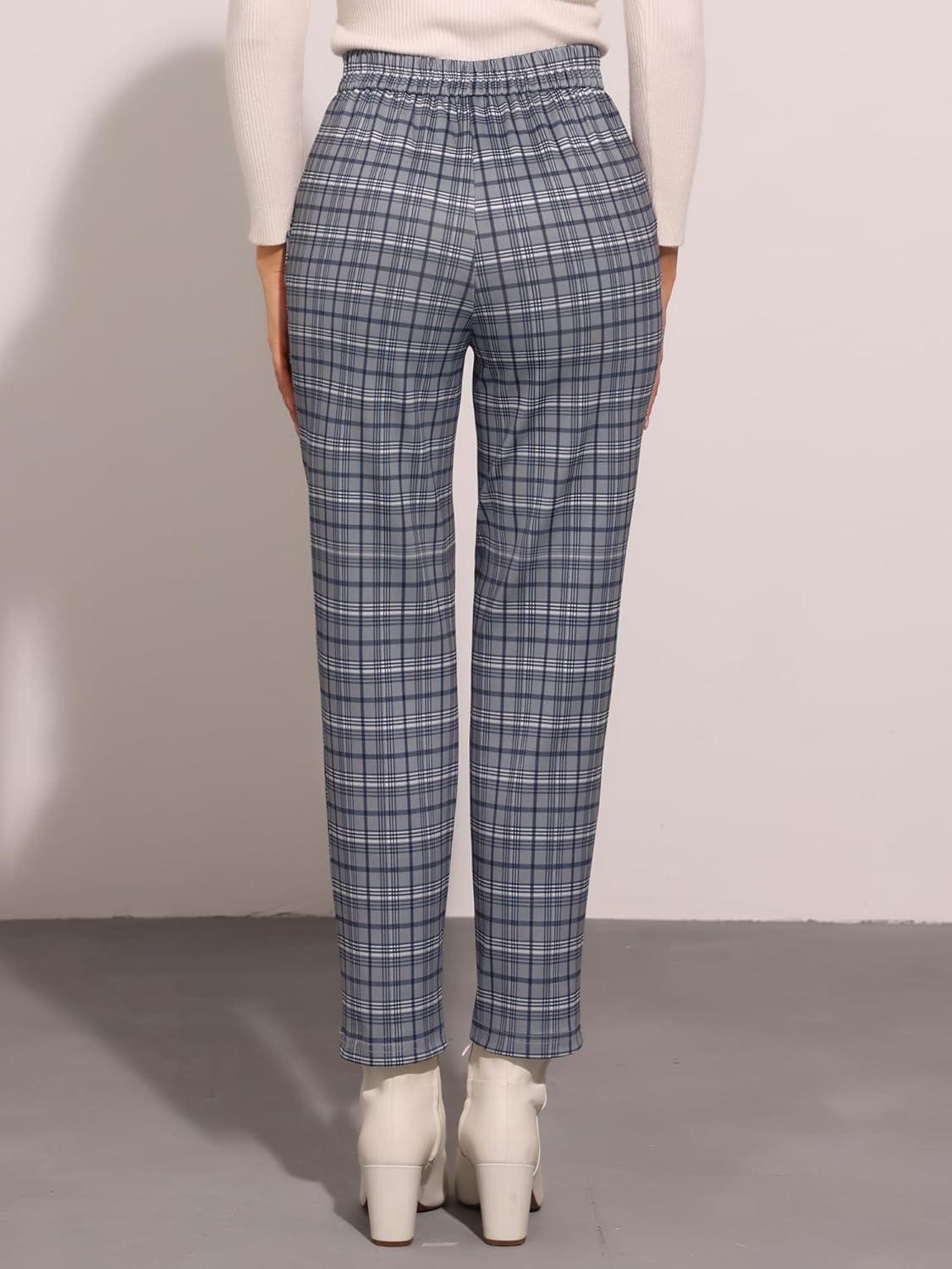 imageAllegra K Womens Vintage Tartan Plaid Pants Elastic Waist Straight Long TrousersGrey Blue