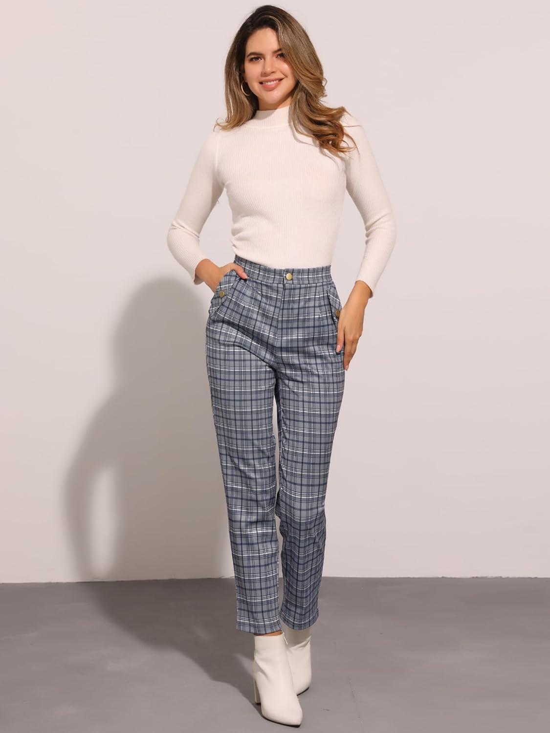 imageAllegra K Womens Vintage Tartan Plaid Pants Elastic Waist Straight Long TrousersGrey Blue