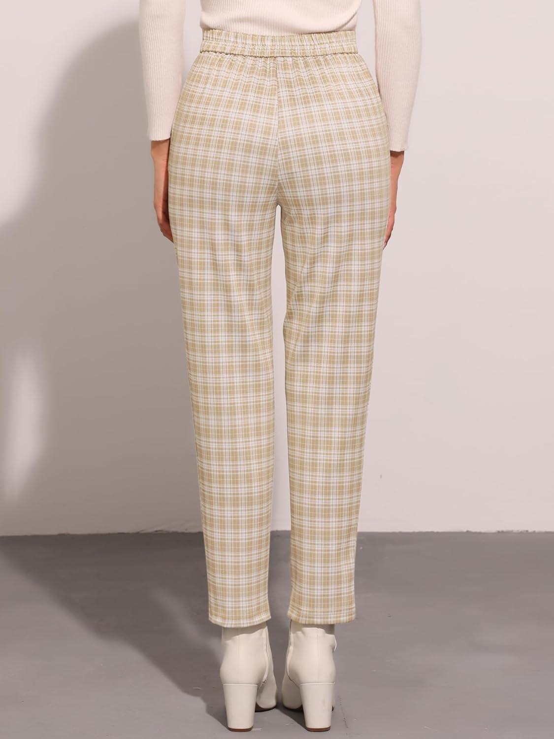 imageAllegra K Womens Vintage Tartan Plaid Pants Elastic Waist Straight Long TrousersKhaki
