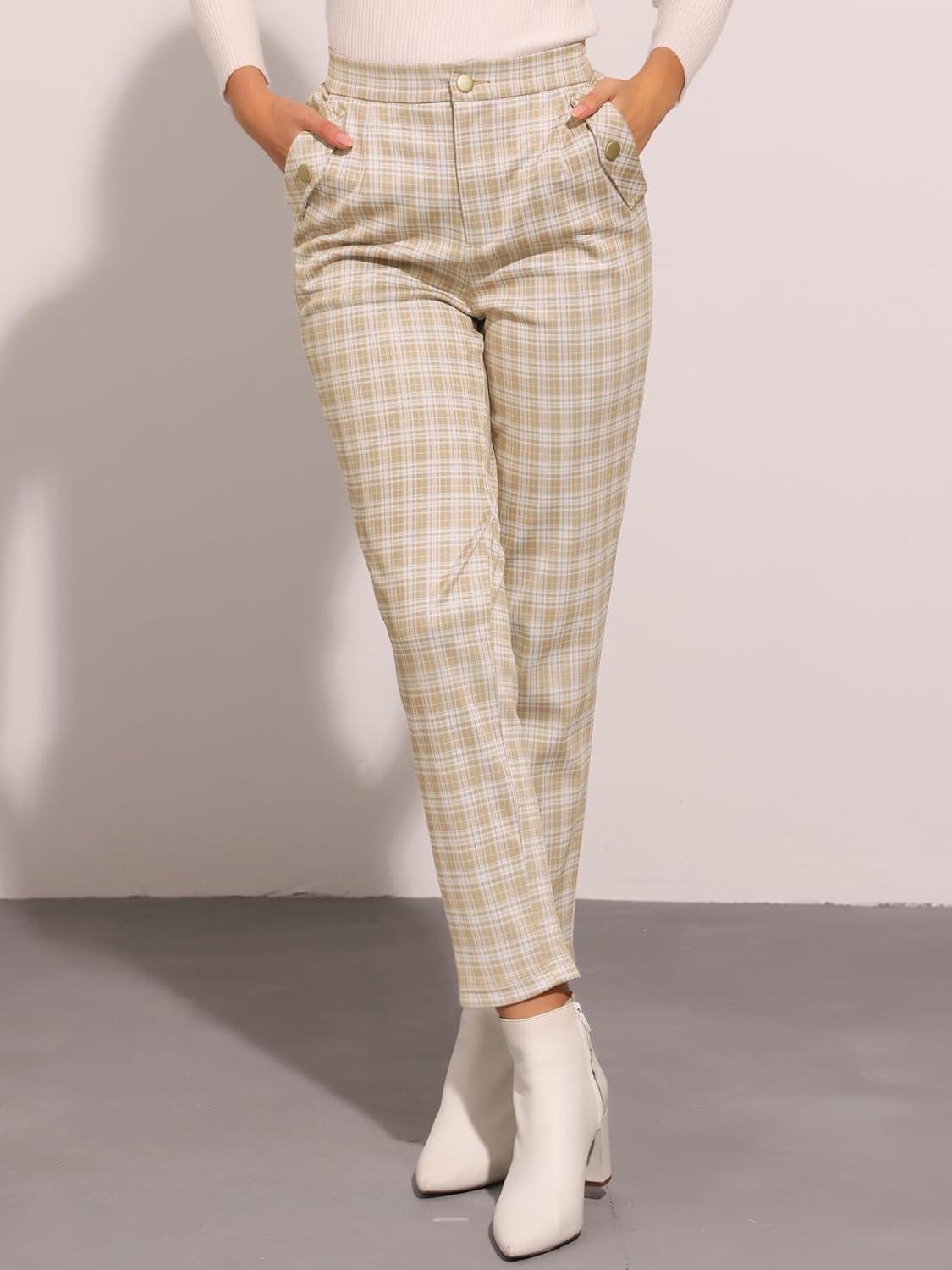 imageAllegra K Womens Vintage Tartan Plaid Pants Elastic Waist Straight Long TrousersKhaki