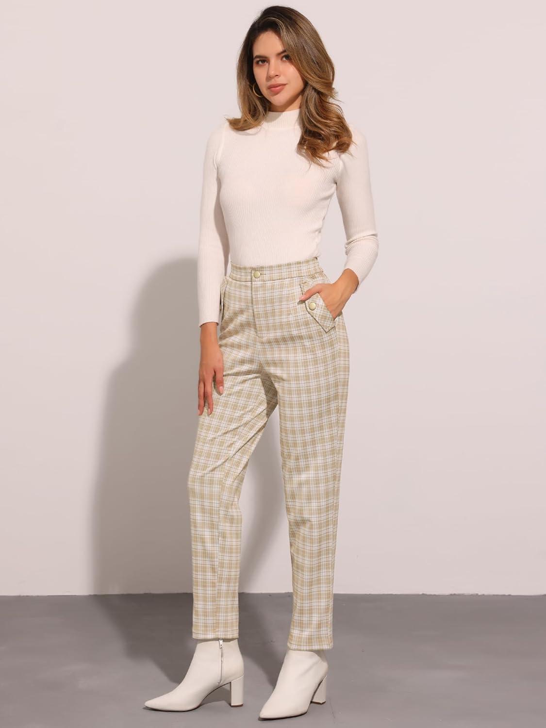 imageAllegra K Womens Vintage Tartan Plaid Pants Elastic Waist Straight Long TrousersKhaki