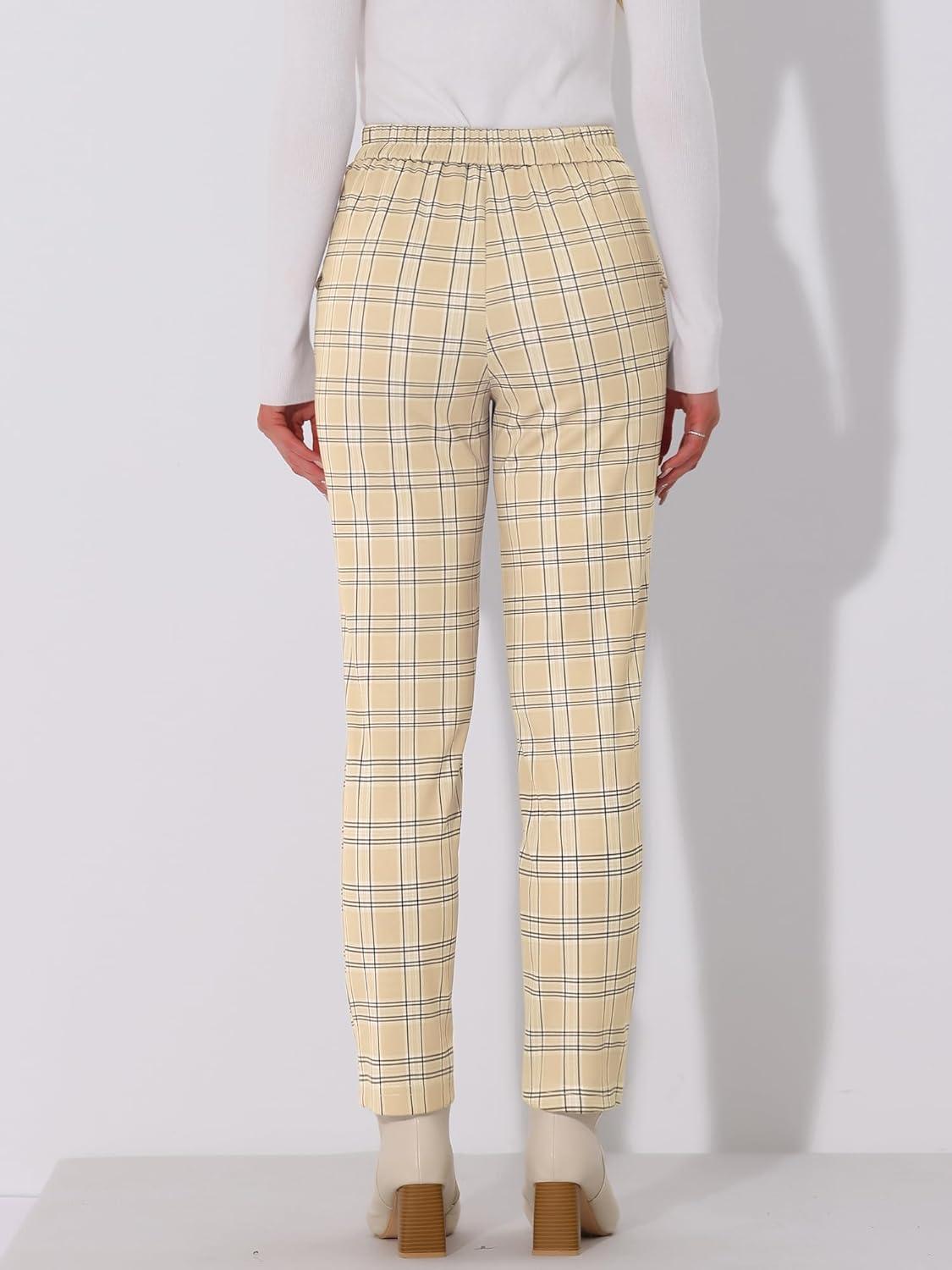 imageAllegra K Womens Vintage Tartan Plaid Pants Elastic Waist Straight Long TrousersLight Beige