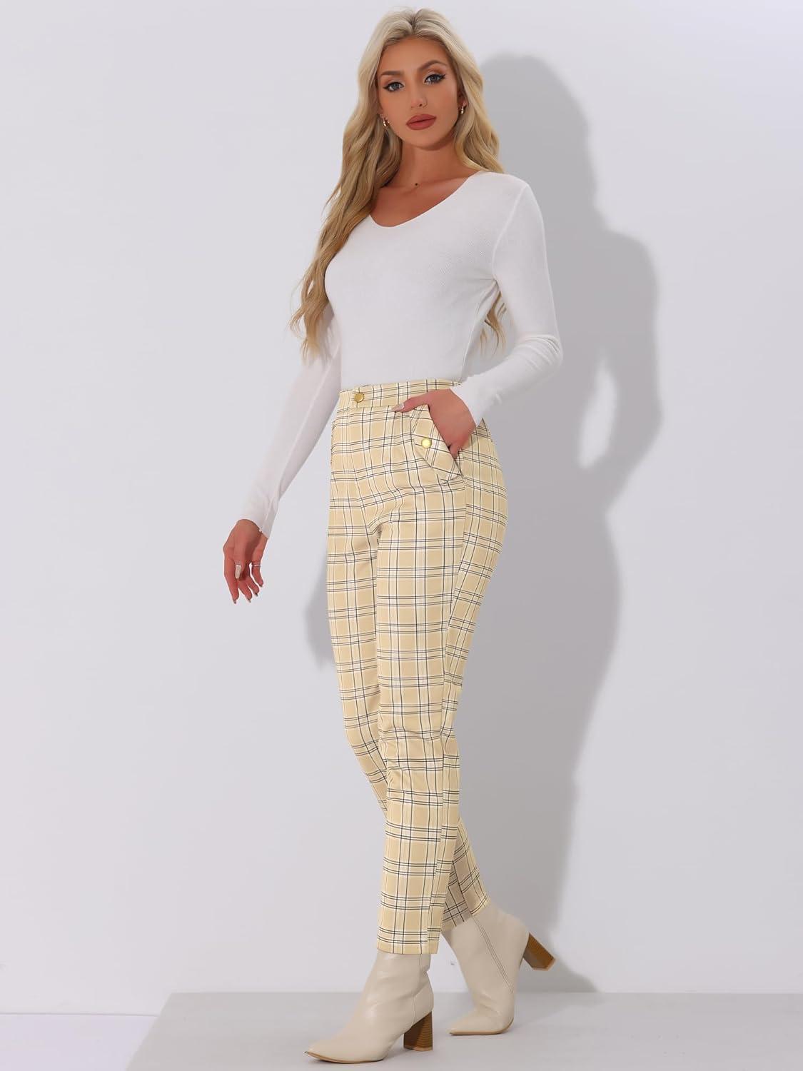 imageAllegra K Womens Vintage Tartan Plaid Pants Elastic Waist Straight Long TrousersLight Beige