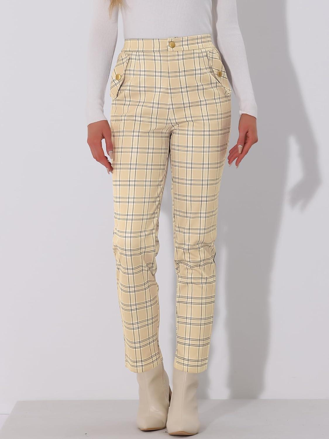 imageAllegra K Womens Vintage Tartan Plaid Pants Elastic Waist Straight Long TrousersLight Beige