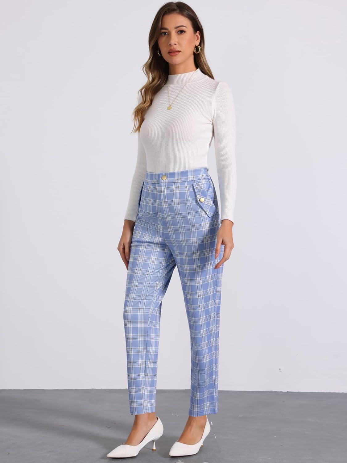 imageAllegra K Womens Vintage Tartan Plaid Pants Elastic Waist Straight Long TrousersLight Blue
