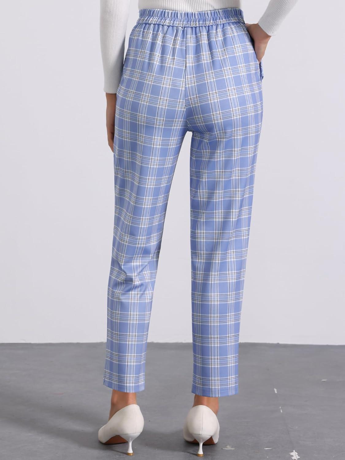 imageAllegra K Womens Vintage Tartan Plaid Pants Elastic Waist Straight Long TrousersLight Blue