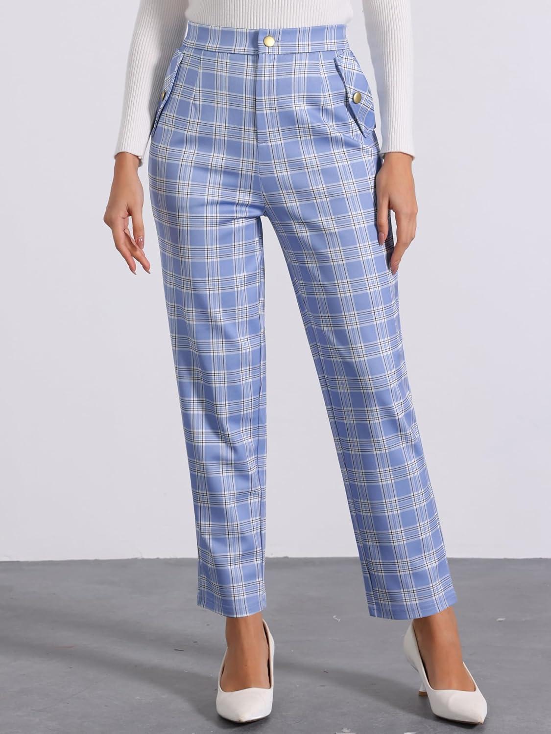 imageAllegra K Womens Vintage Tartan Plaid Pants Elastic Waist Straight Long TrousersLight Blue