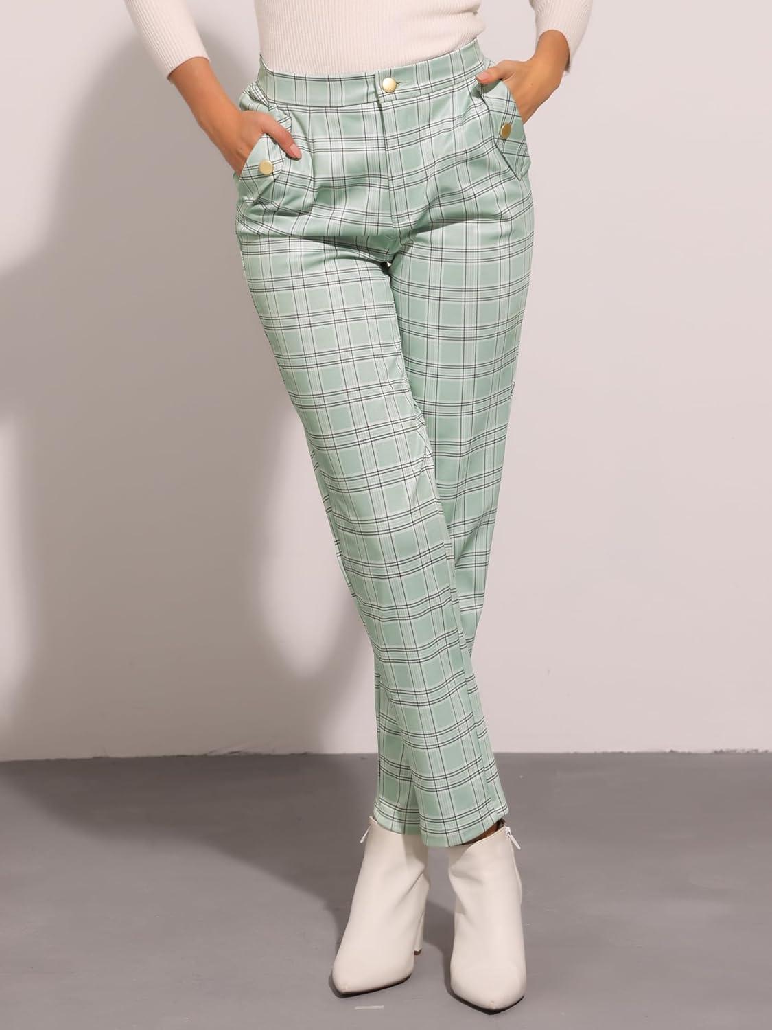 imageAllegra K Womens Vintage Tartan Plaid Pants Elastic Waist Straight Long TrousersLight Green