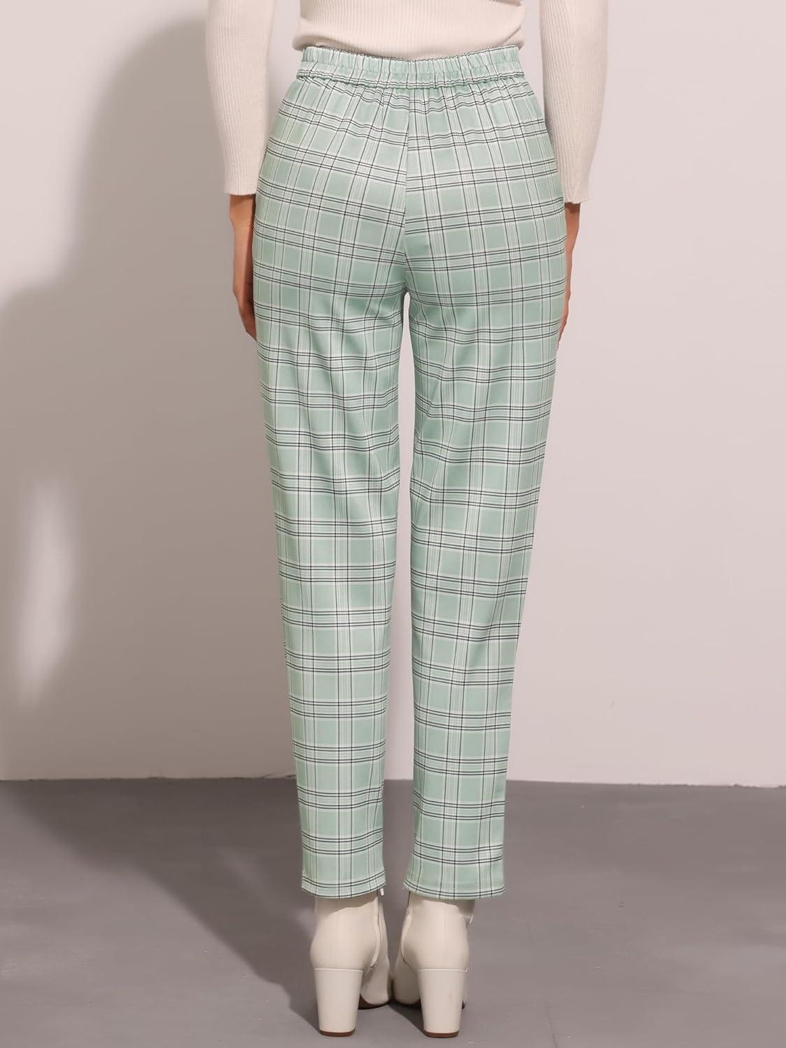 imageAllegra K Womens Vintage Tartan Plaid Pants Elastic Waist Straight Long TrousersLight Green