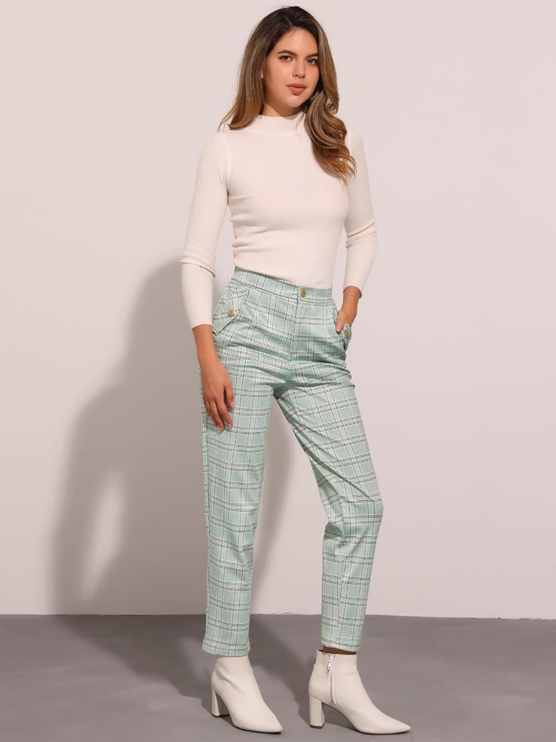 imageAllegra K Womens Vintage Tartan Plaid Pants Elastic Waist Straight Long TrousersLight Green